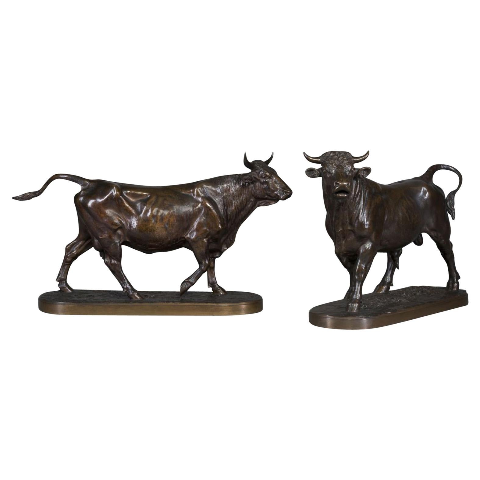 Pair of Bronze Models of a Standing Bull and a Running Cow, circa 1890