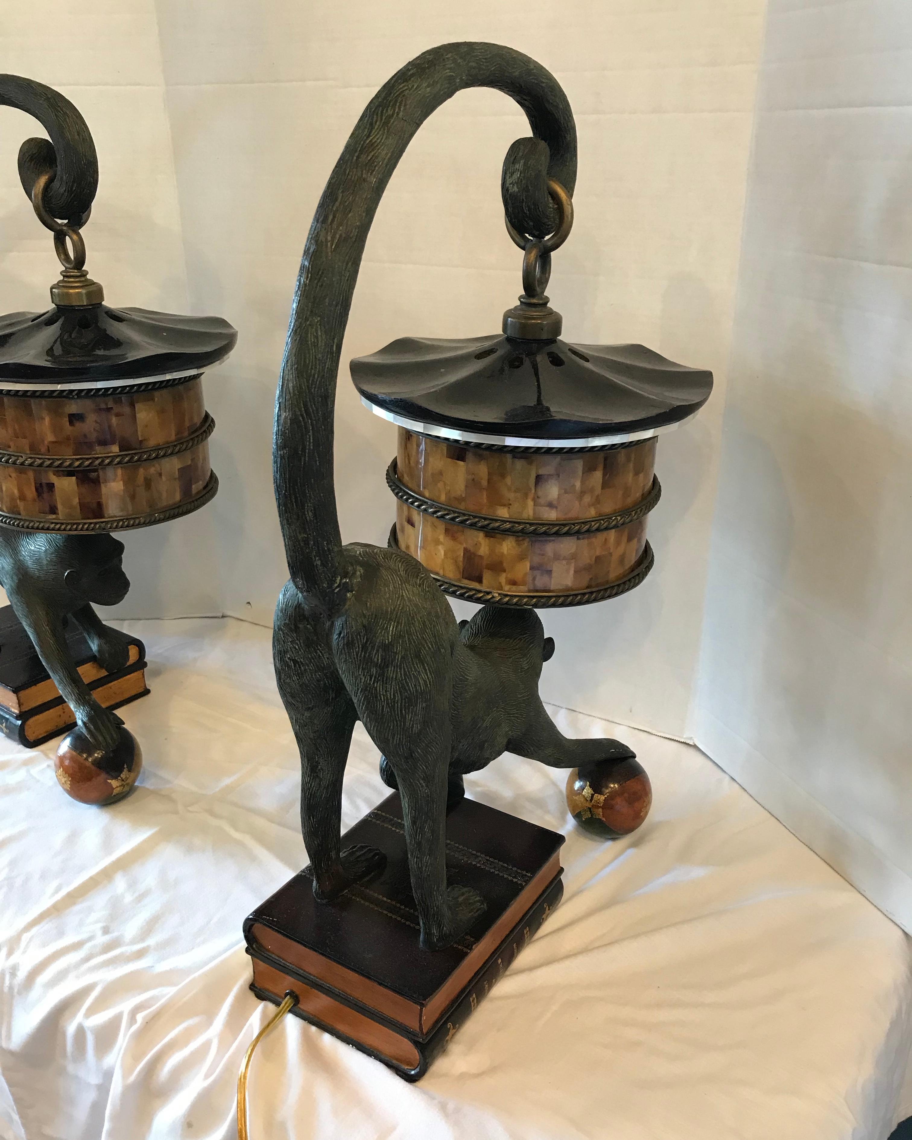 20th Century Pair of Bronze Monkey Motif Lamps by Maitland Smith