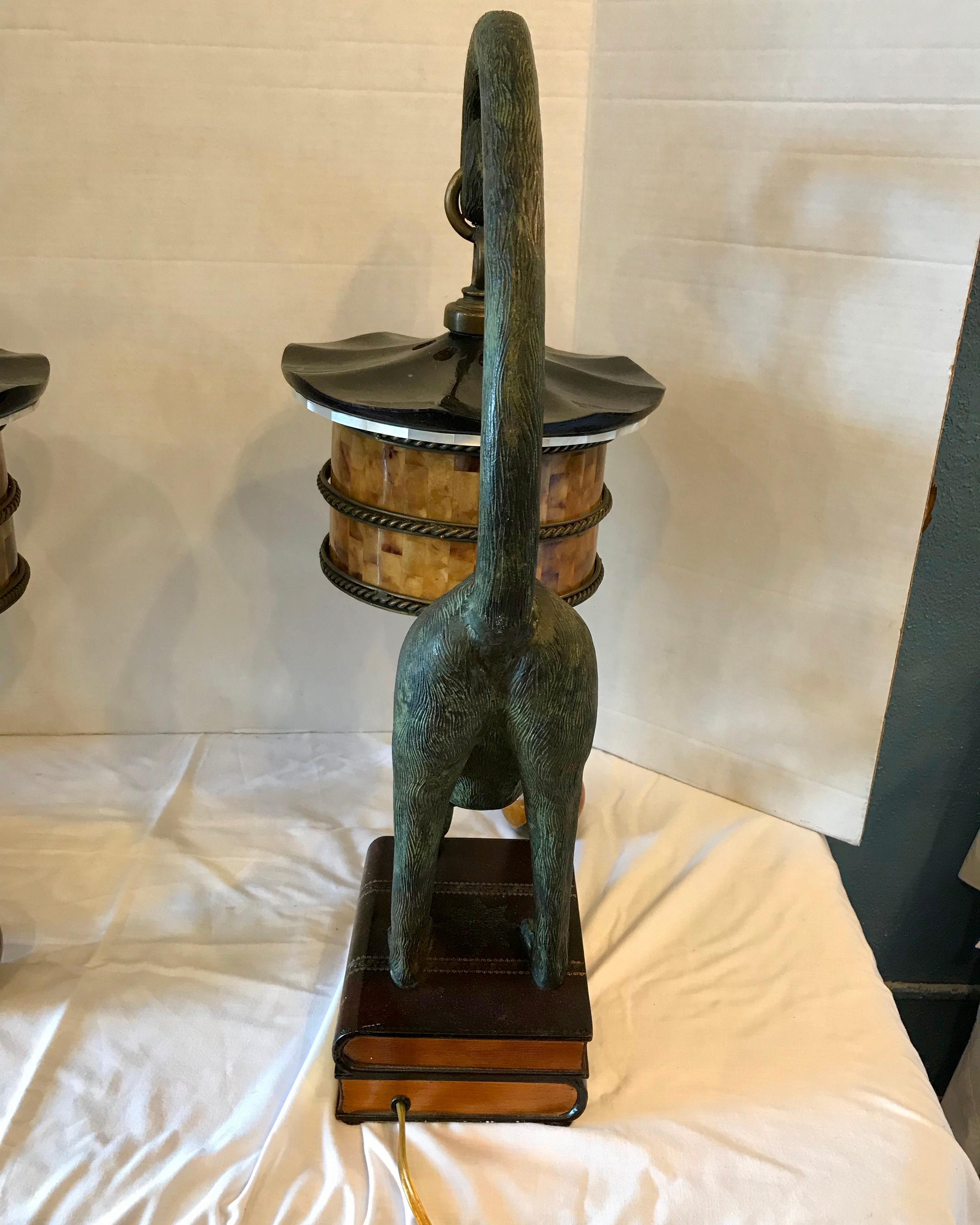Brass Pair of Bronze Monkey Motif Lamps by Maitland Smith