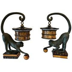 Vintage Pair of Bronze Monkey Motif Lamps by Maitland Smith