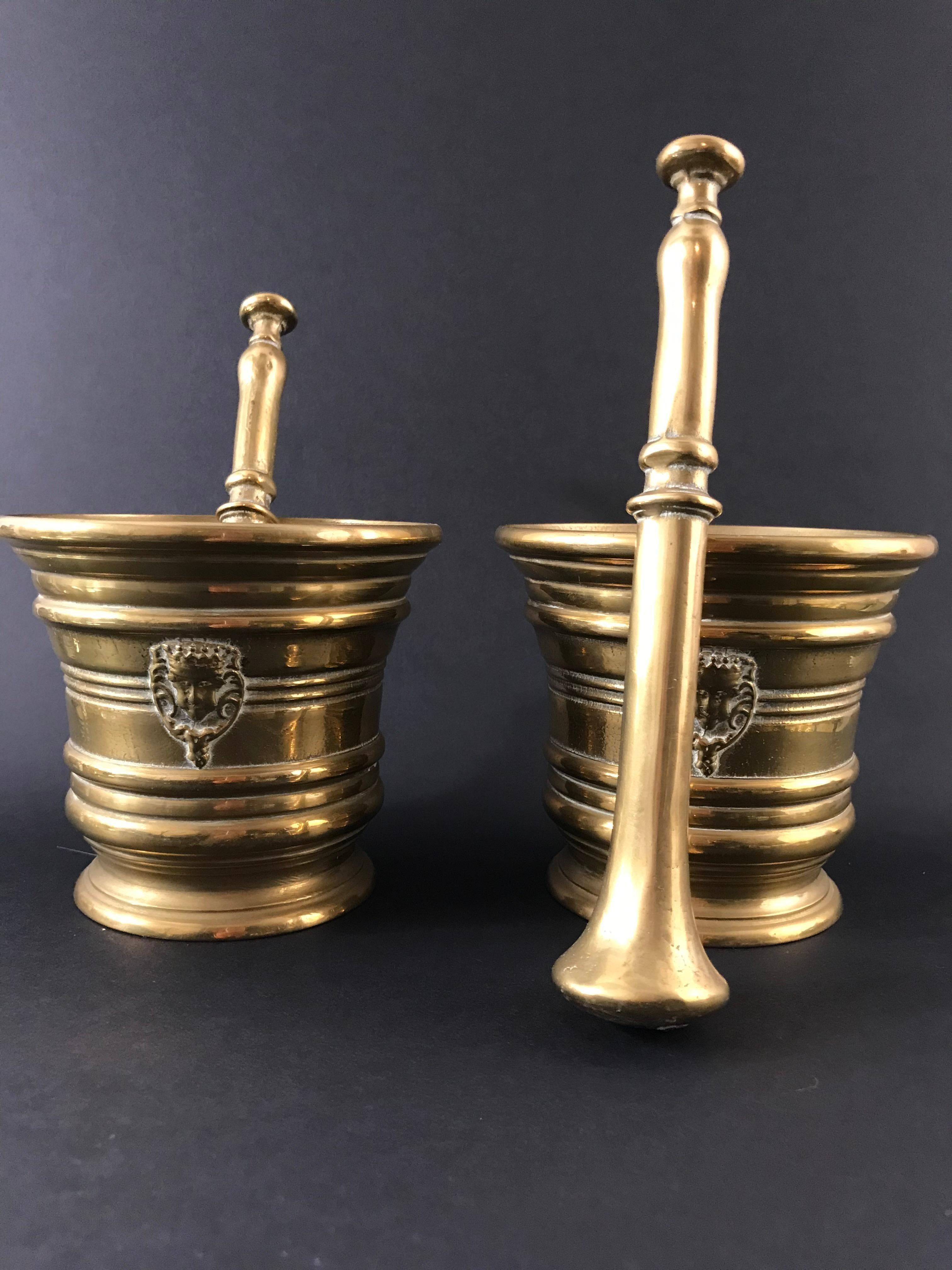 French Pair of Bronze Mortar with Mascarons For Sale