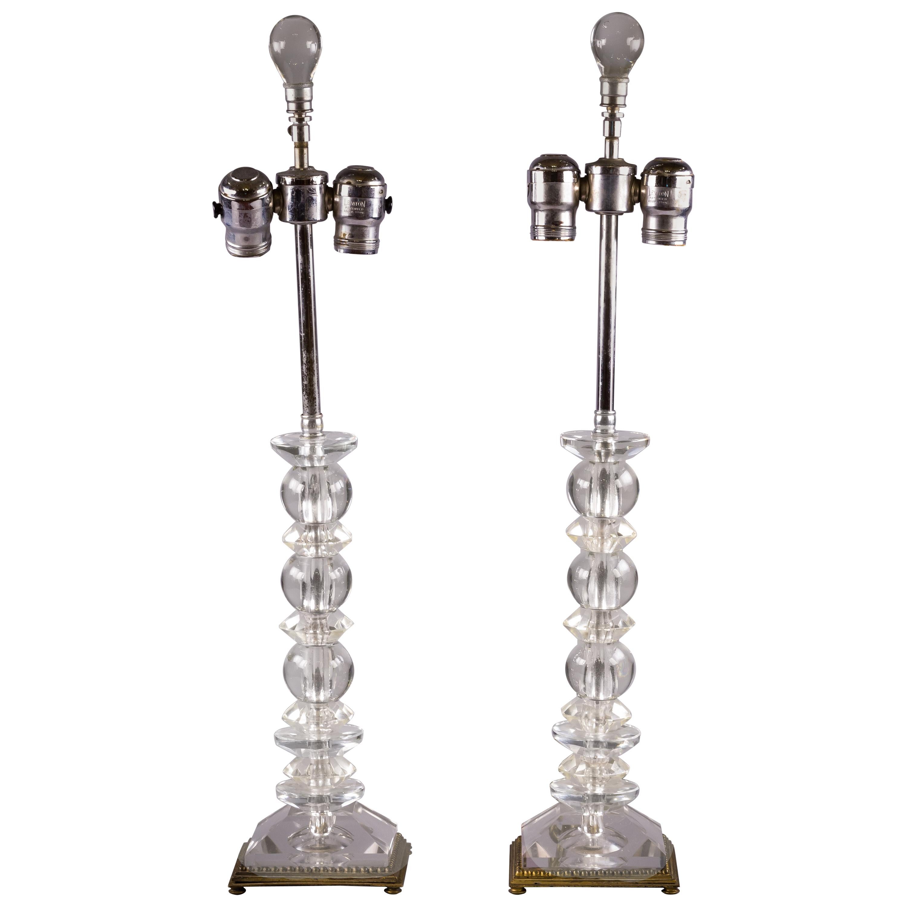 Pair of Bronze-Mounted Art Deco Style Glass Lamps, circa 1930 For Sale