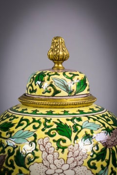 Pair of Bronze-Mounted Chinese Famille Jaune Covered Jars, circa 1875