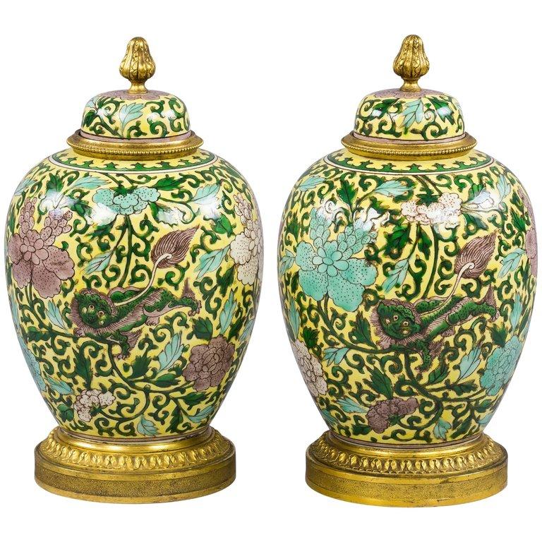 Late 19th Century Pair of Bronze-Mounted Chinese Famille Jaune Covered Jars, circa 1875 For Sale