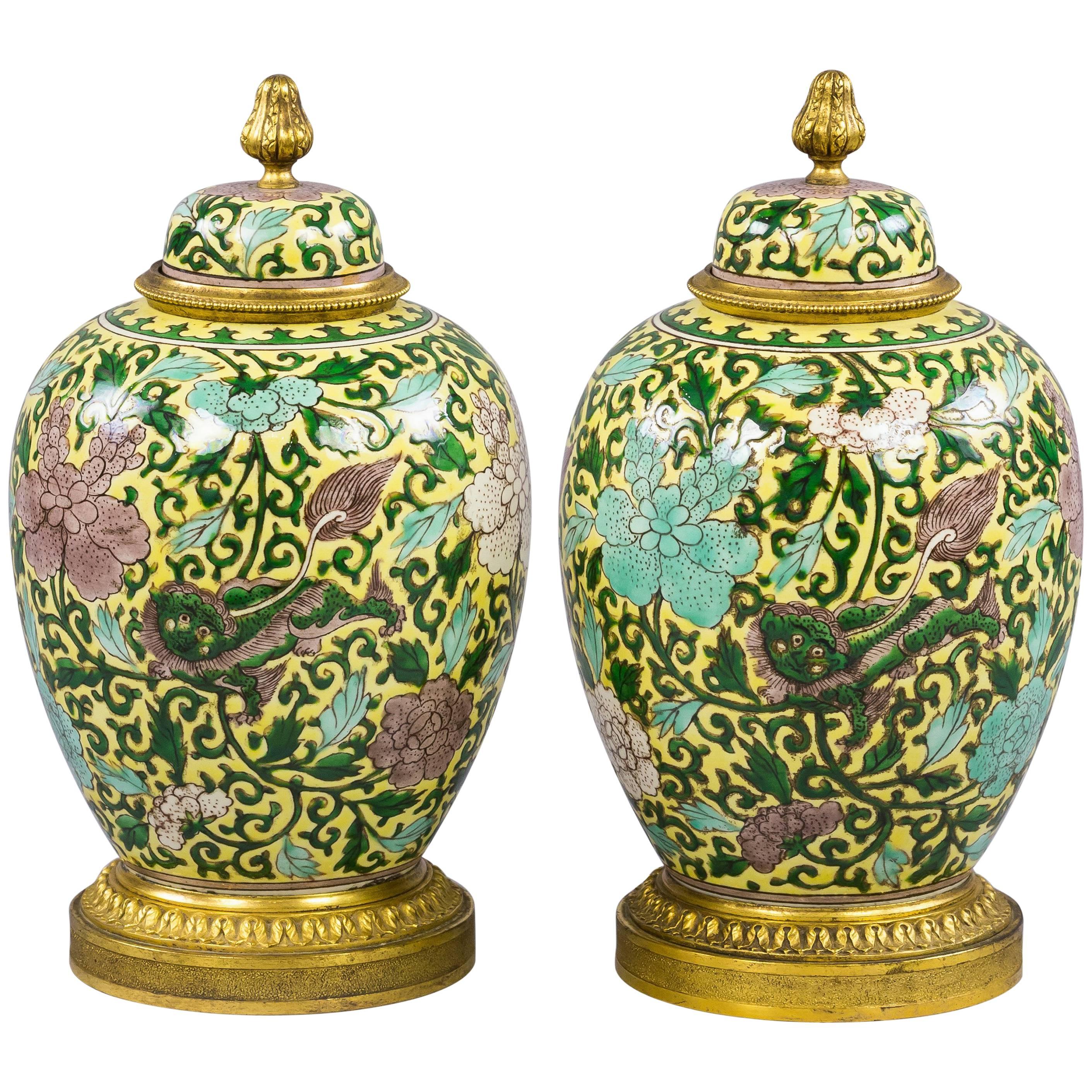 Pair of Bronze-Mounted Chinese Famille Jaune Covered Jars, circa 1875 For Sale