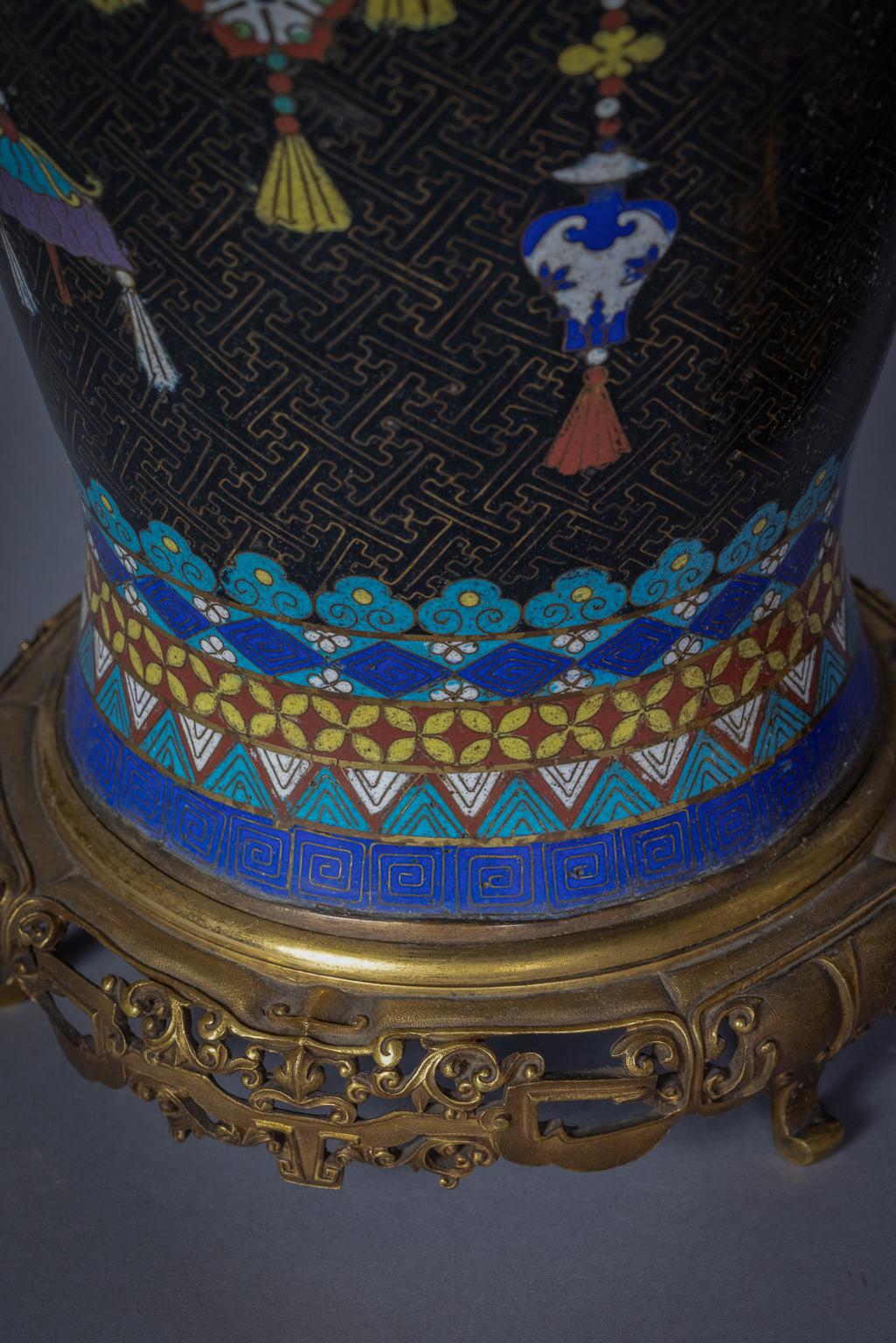 Enamel Pair of Bronze Mounted Cloisonné Chinoiserie Lamps, French, circa 1880 For Sale