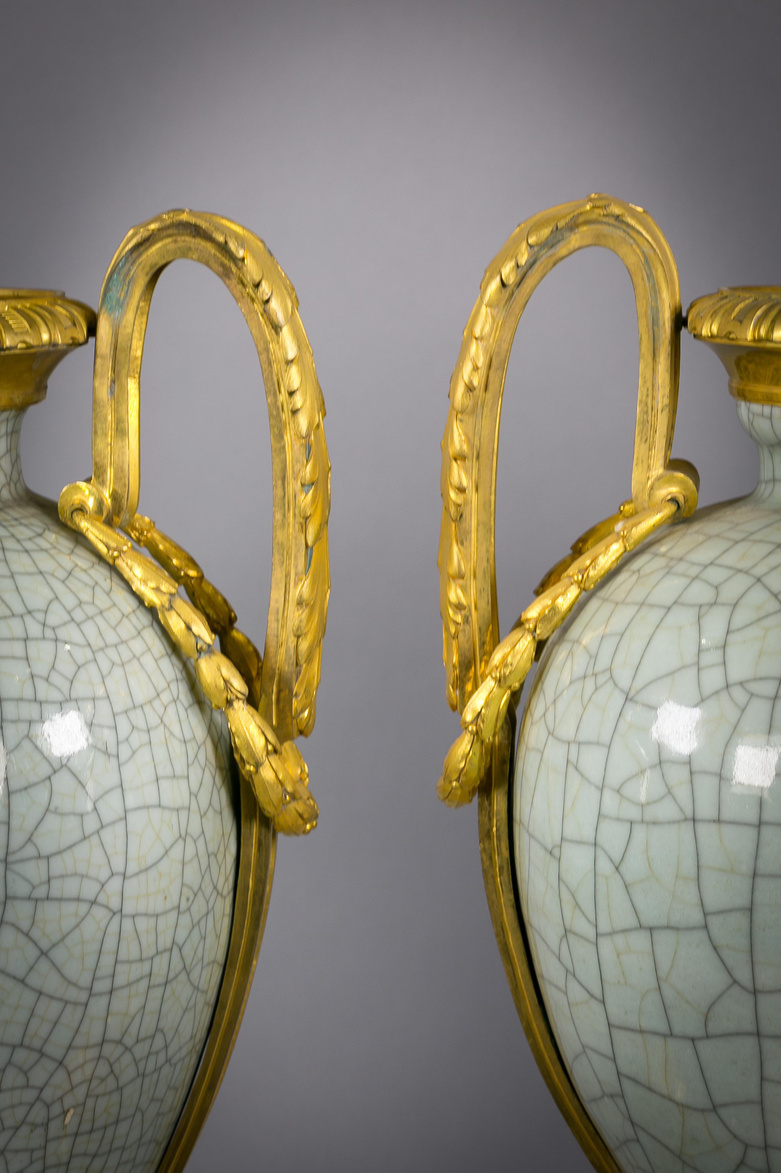 Pair of bronze mounted crackled celadon vases, French, circa 1880.