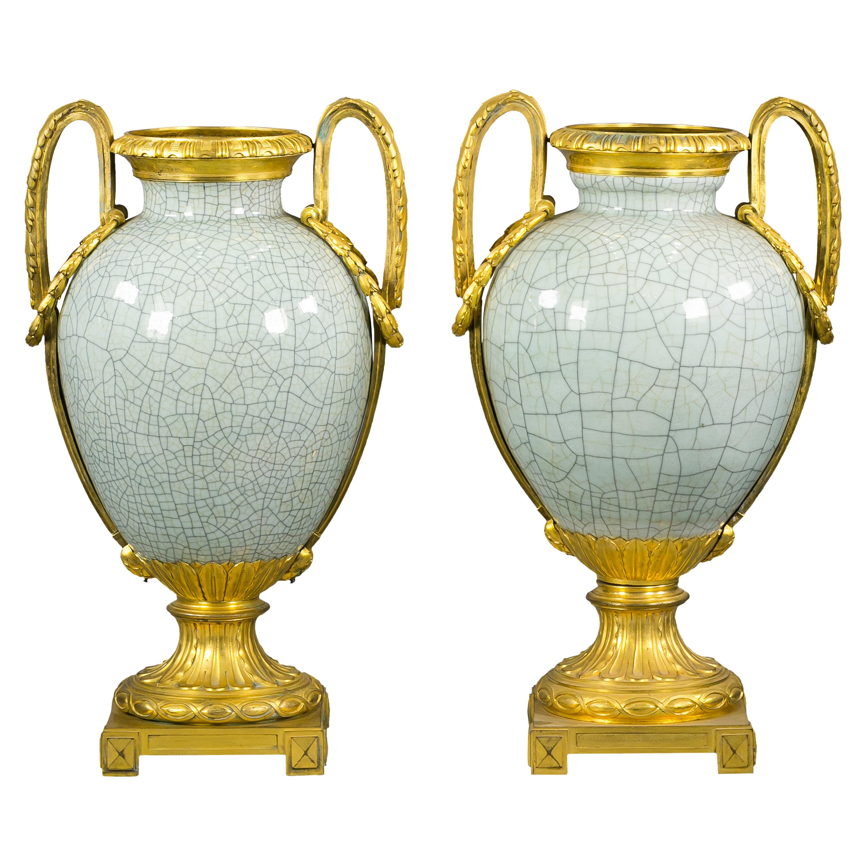 Pair of Bronze Mounted Crackled Celadon Vases, French, circa 1880