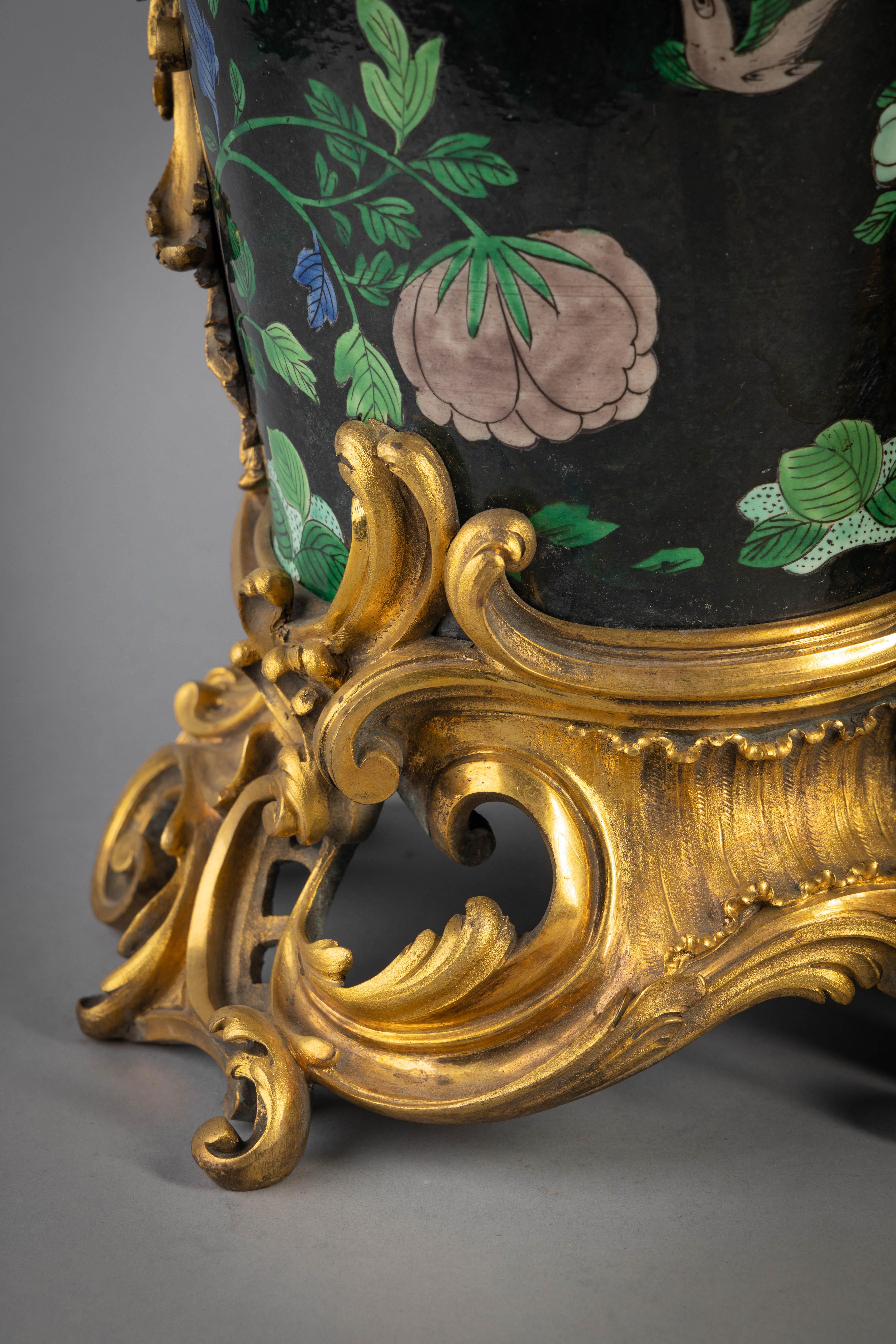 Pair of Bronze Mounted Famille Noire Vases, circa 1850 For Sale 1