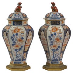 Antique Pair of Bronze Mounted French Porcelain Covered Hexagonal Vases, Circa 1875