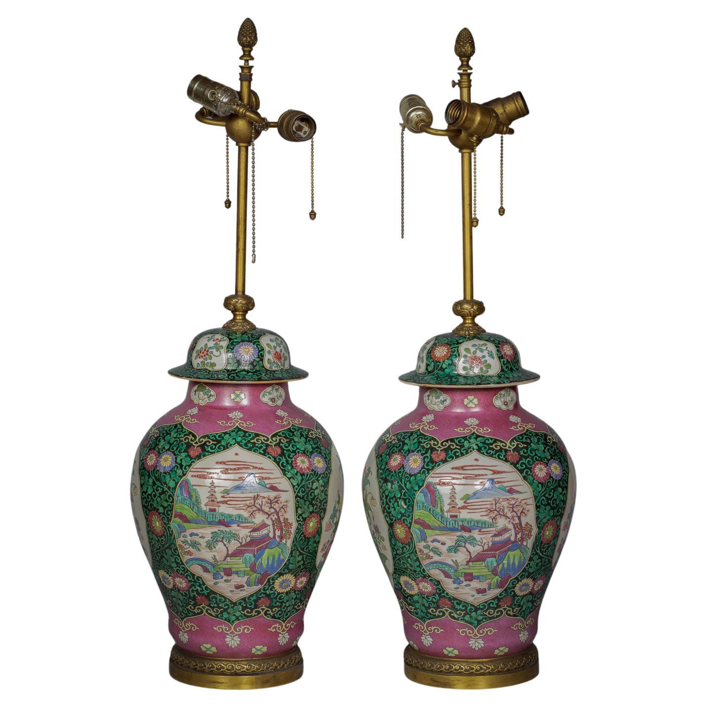 Pair of Bronze Mounted French Porcelain Covered Vases as Lamps, circa 1900