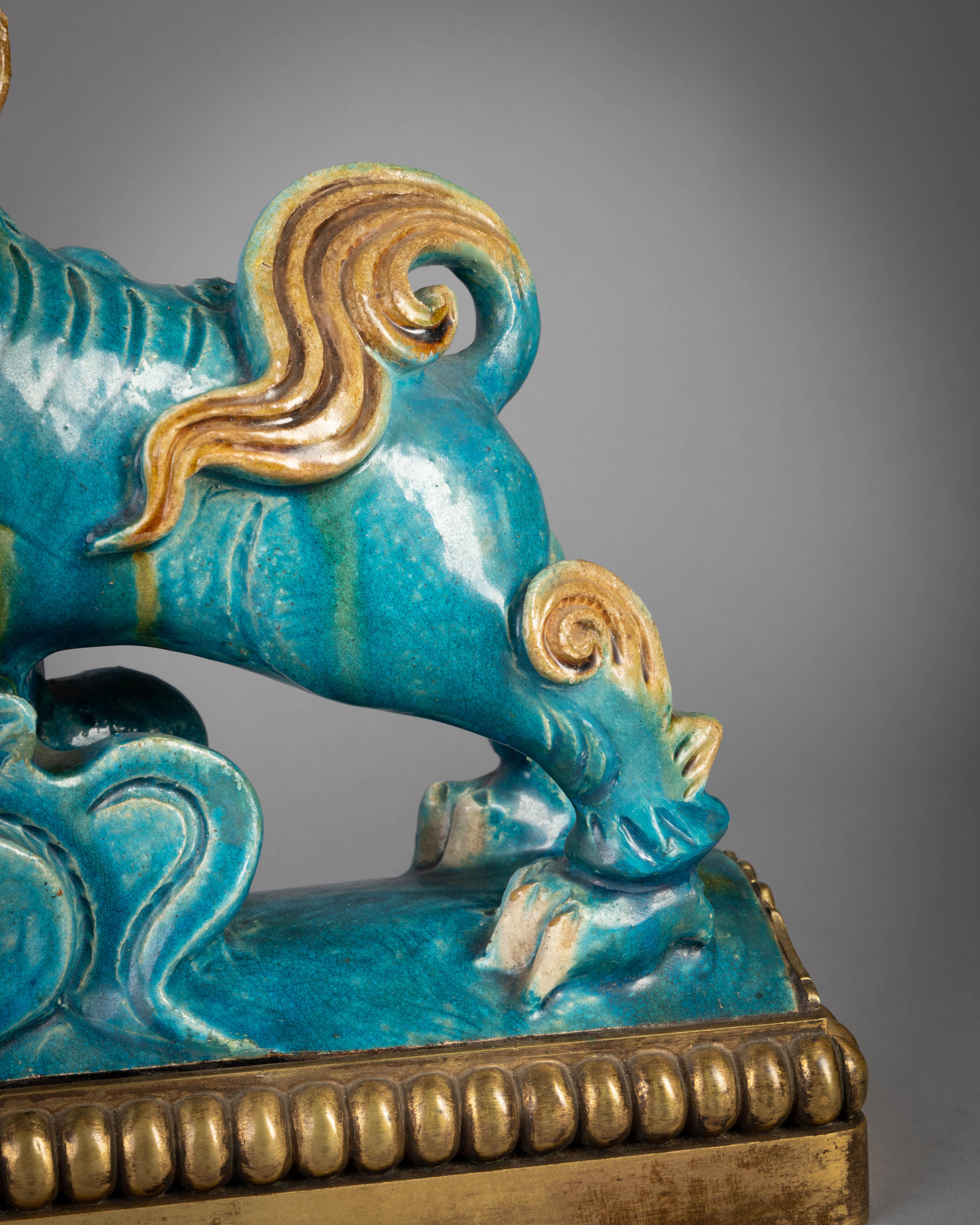 Chinese Pair of Bronze Mounted Ming Dynasty Dragon Roof Tiles, circa 1650