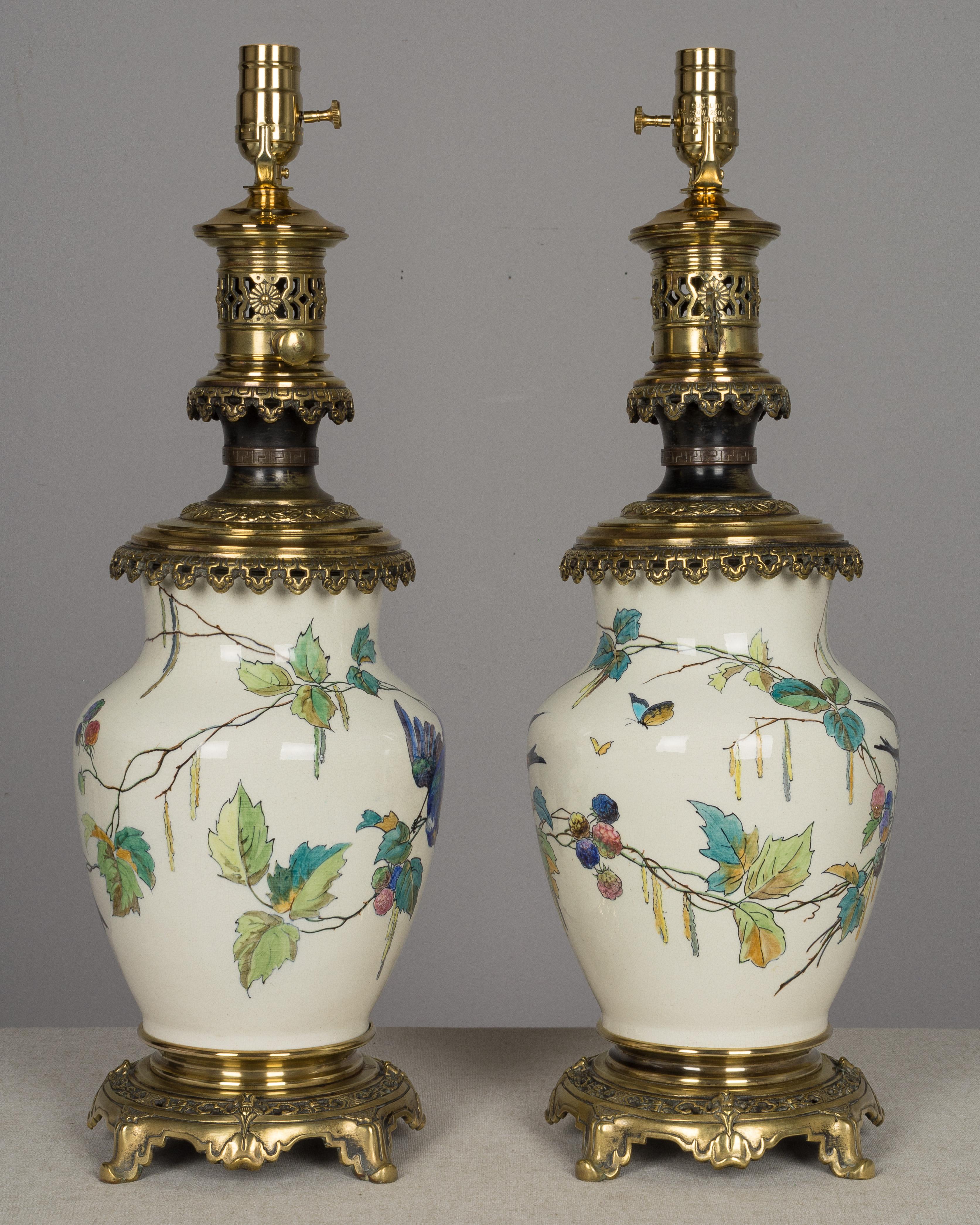 Japonisme Pair of Bronze-Mounted Sevres Ceramic Lamps in the Manner of Theodore Deck
