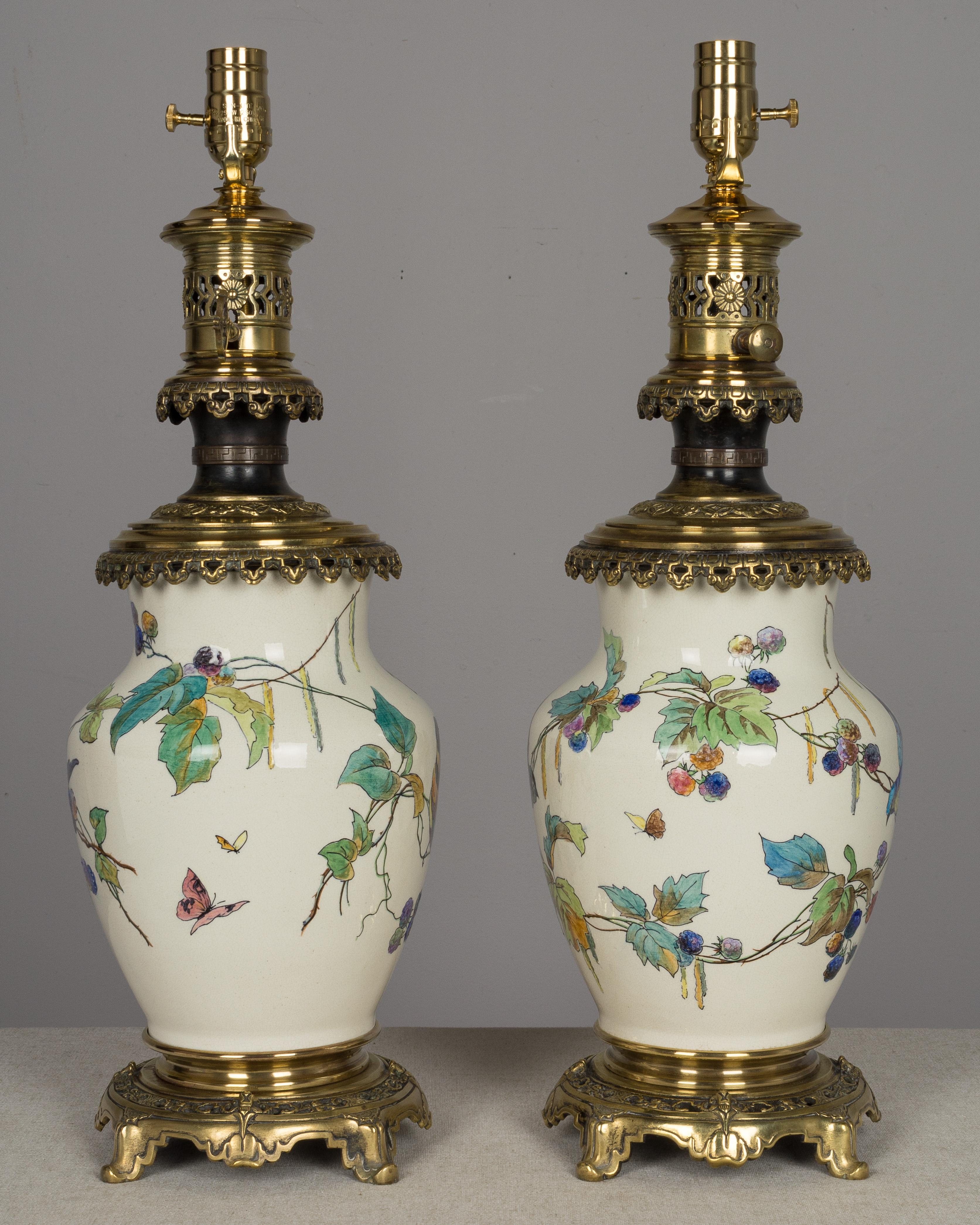 French Pair of Bronze-Mounted Sevres Ceramic Lamps in the Manner of Theodore Deck