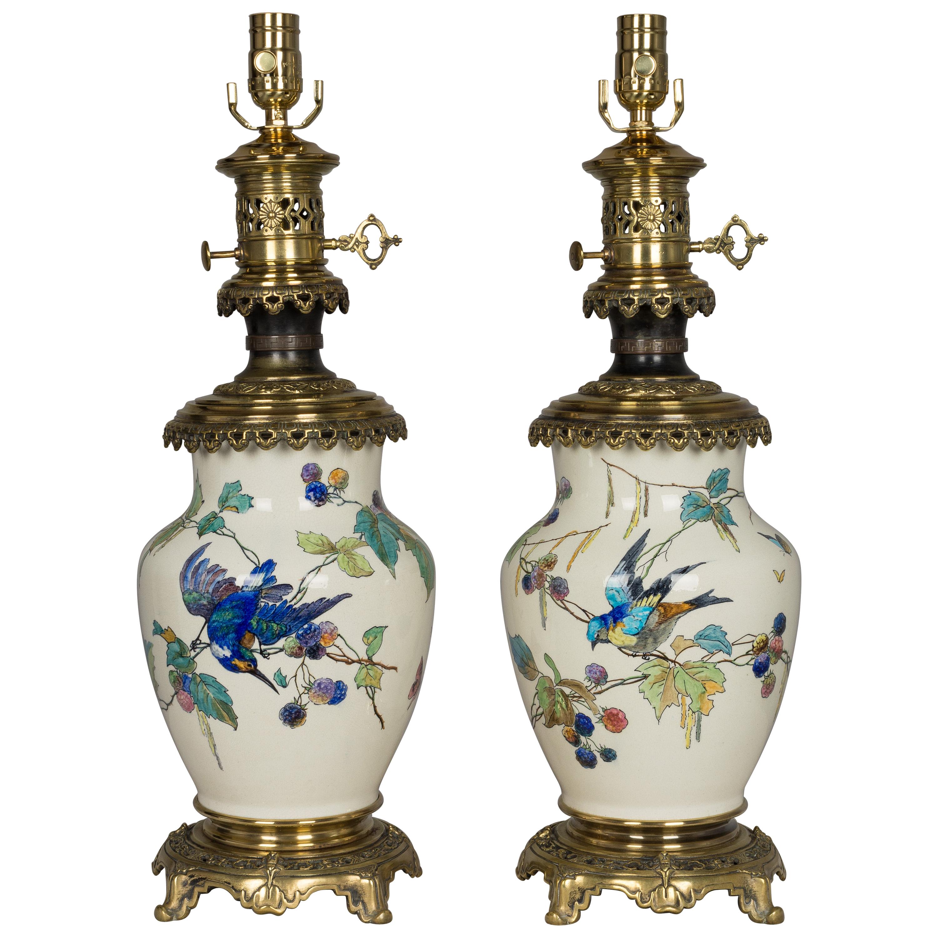 Pair of Bronze-Mounted Sevres Ceramic Lamps in the Manner of Theodore Deck