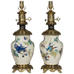 Antique Pair of Bronze-Mounted Sevres Ceramic Lamps in the Manner of Theodore Deck