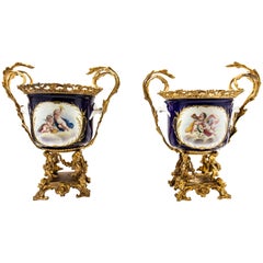 Pair of Bronze Mounted Sevres Style Cachepots