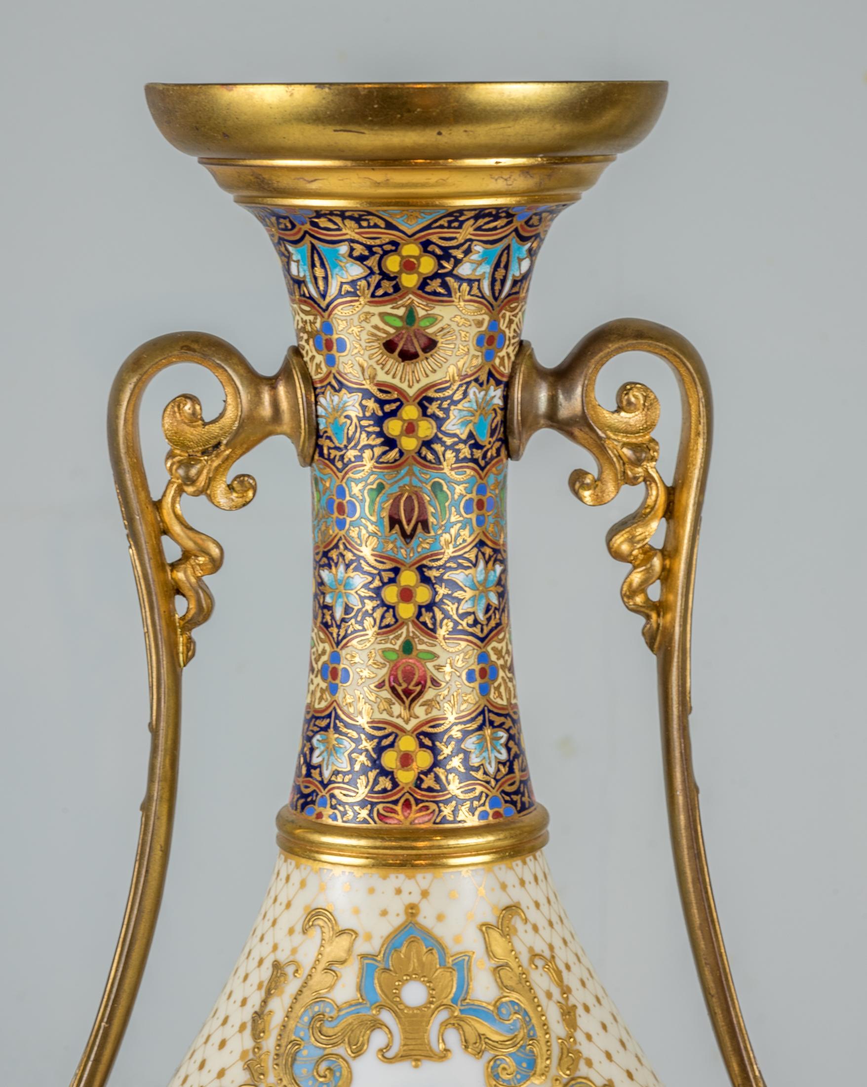 Pair of Bronze-Mounted Sèvres Style Champlevé Enamel Vases For Sale 7