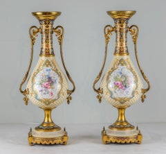 Pair of Bronze-Mounted Sèvres Style Champlevé Enamel Vases