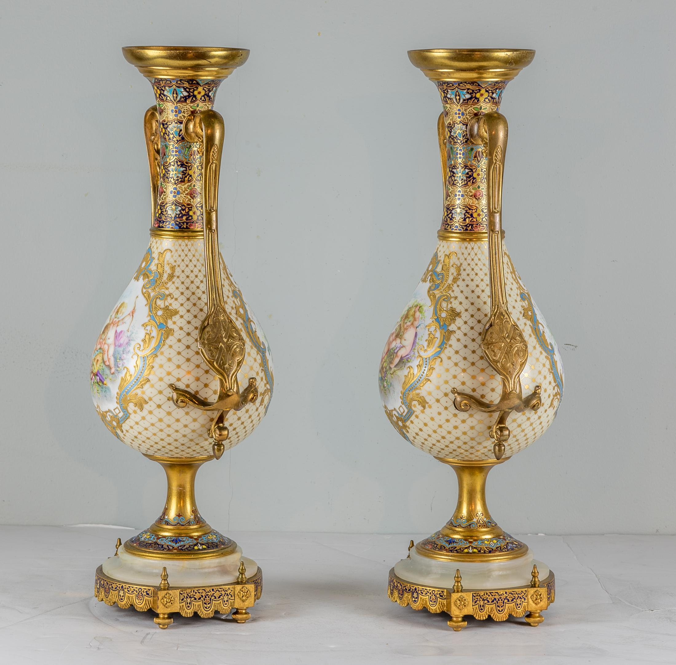 French Pair of Bronze-Mounted Sèvres Style Champlevé Enamel Vases For Sale