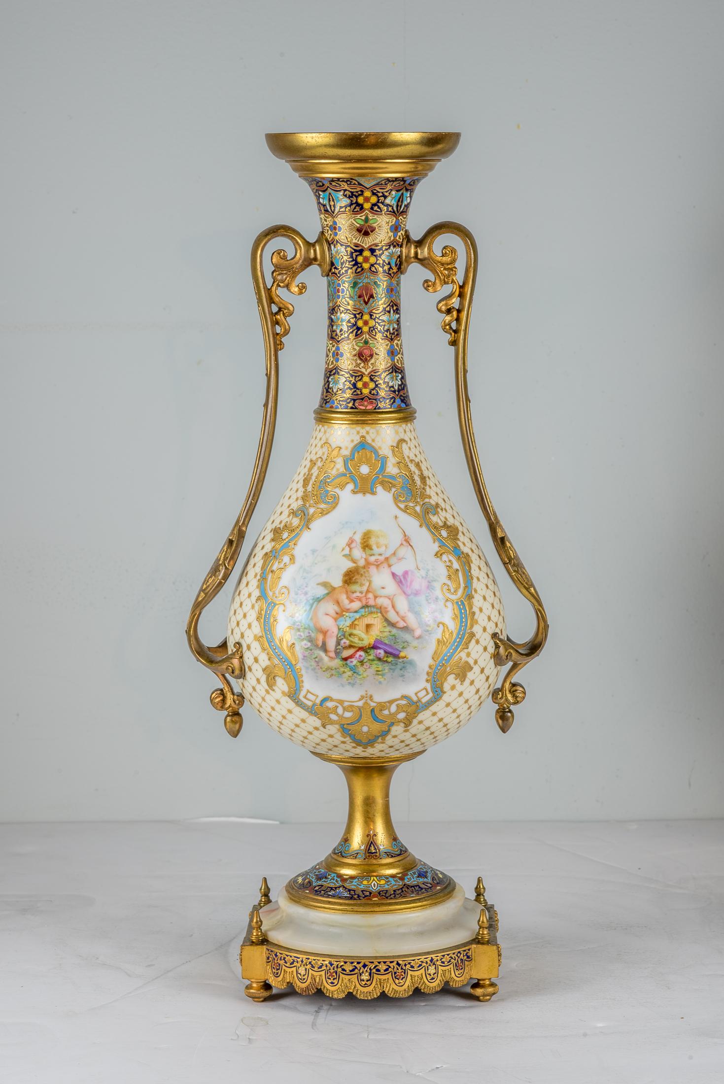 Pair of Bronze-Mounted Sèvres Style Champlevé Enamel Vases In Good Condition For Sale In New York, NY