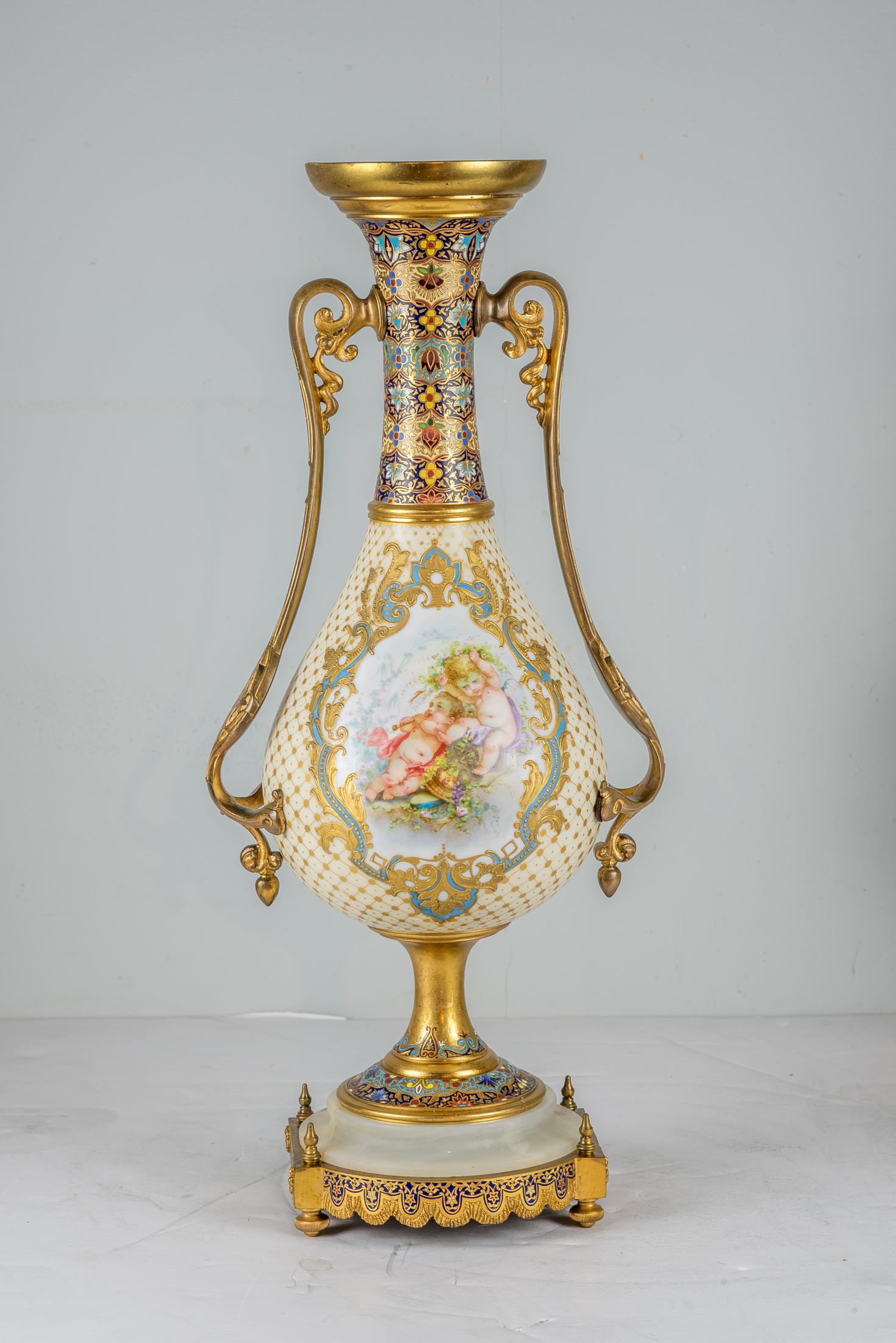 Pair of Bronze-Mounted Sèvres Style Champlevé Enamel Vases For Sale 1