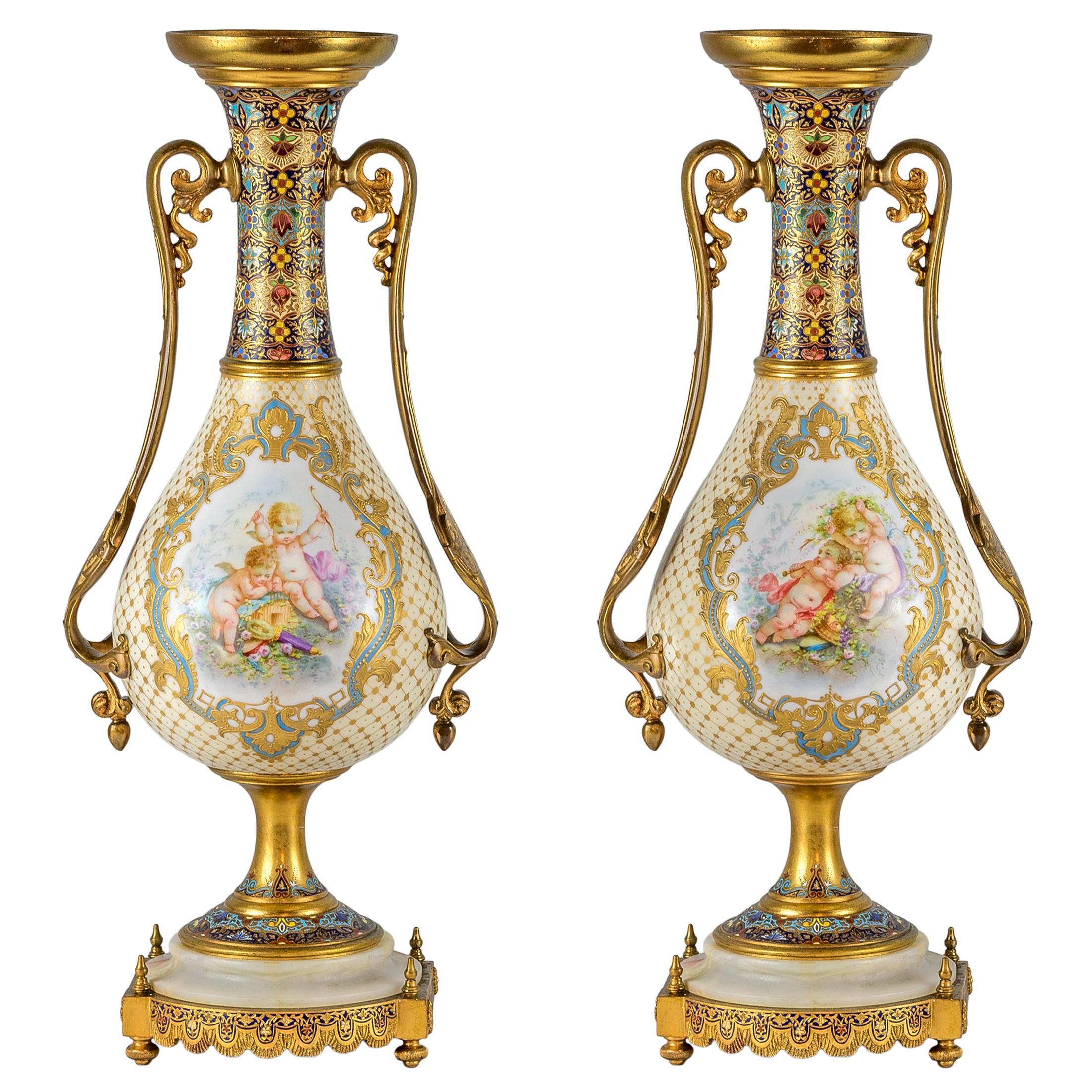 Pair of Bronze-Mounted Sèvres Style Champlevé Enamel Vases For Sale