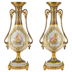 Antique Pair of Bronze-Mounted Sèvres Style Champlevé Enamel Vases