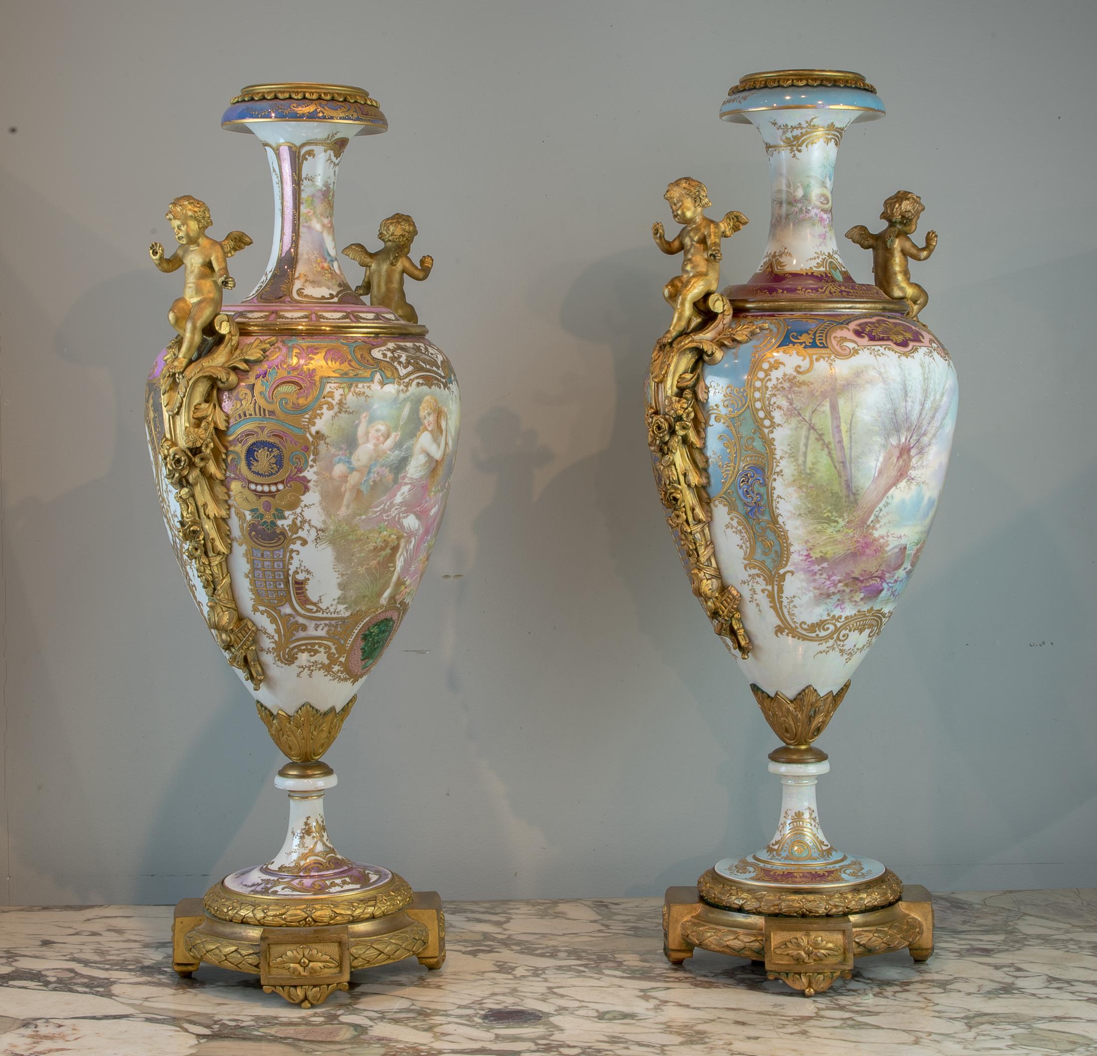 French Pair of Bronze Mounted Sèvres-Style Polychrome and Gilt Porcelain Vase For Sale