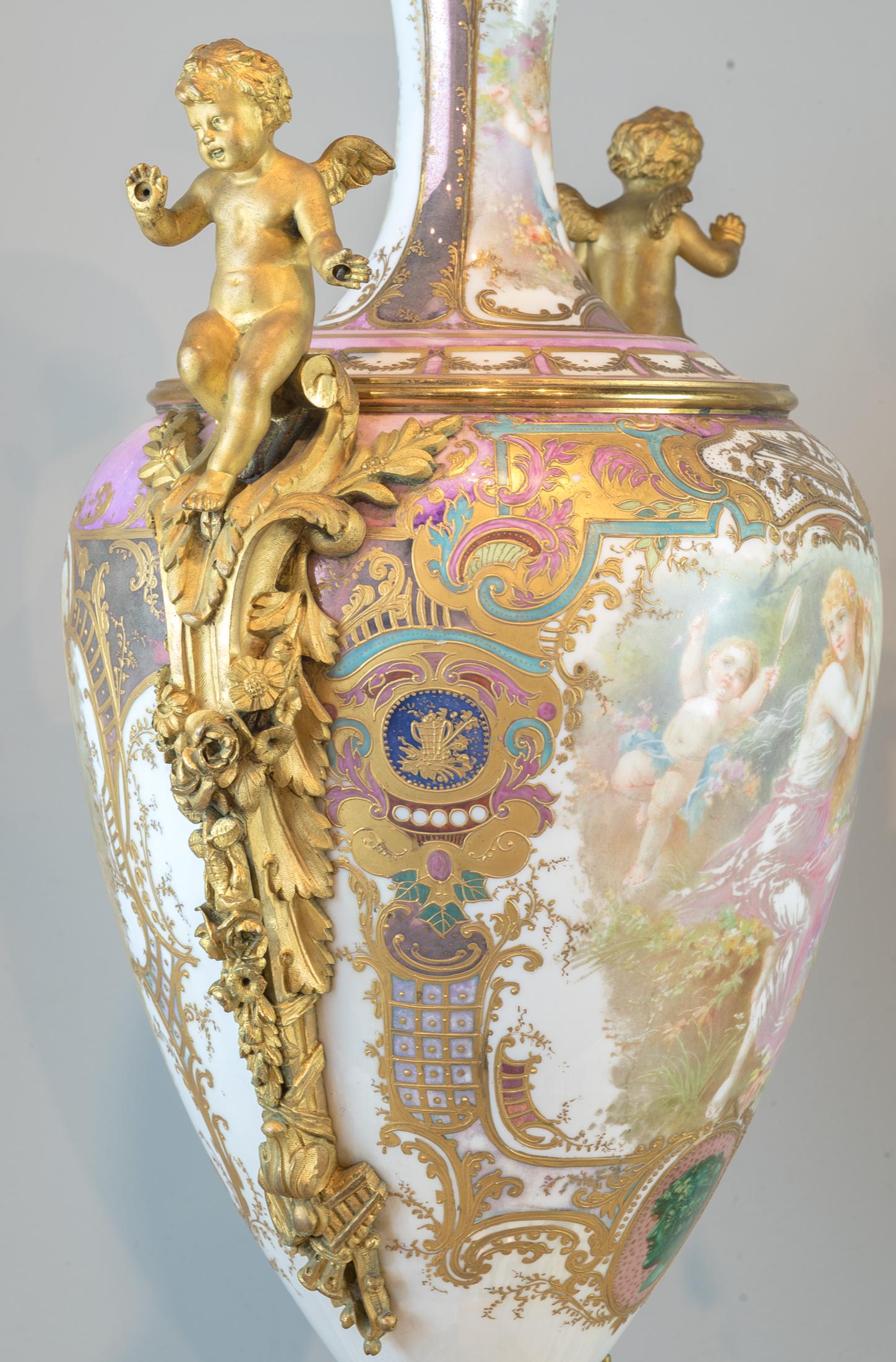 Hand-Painted Pair of Bronze Mounted Sèvres-Style Polychrome and Gilt Porcelain Vase For Sale