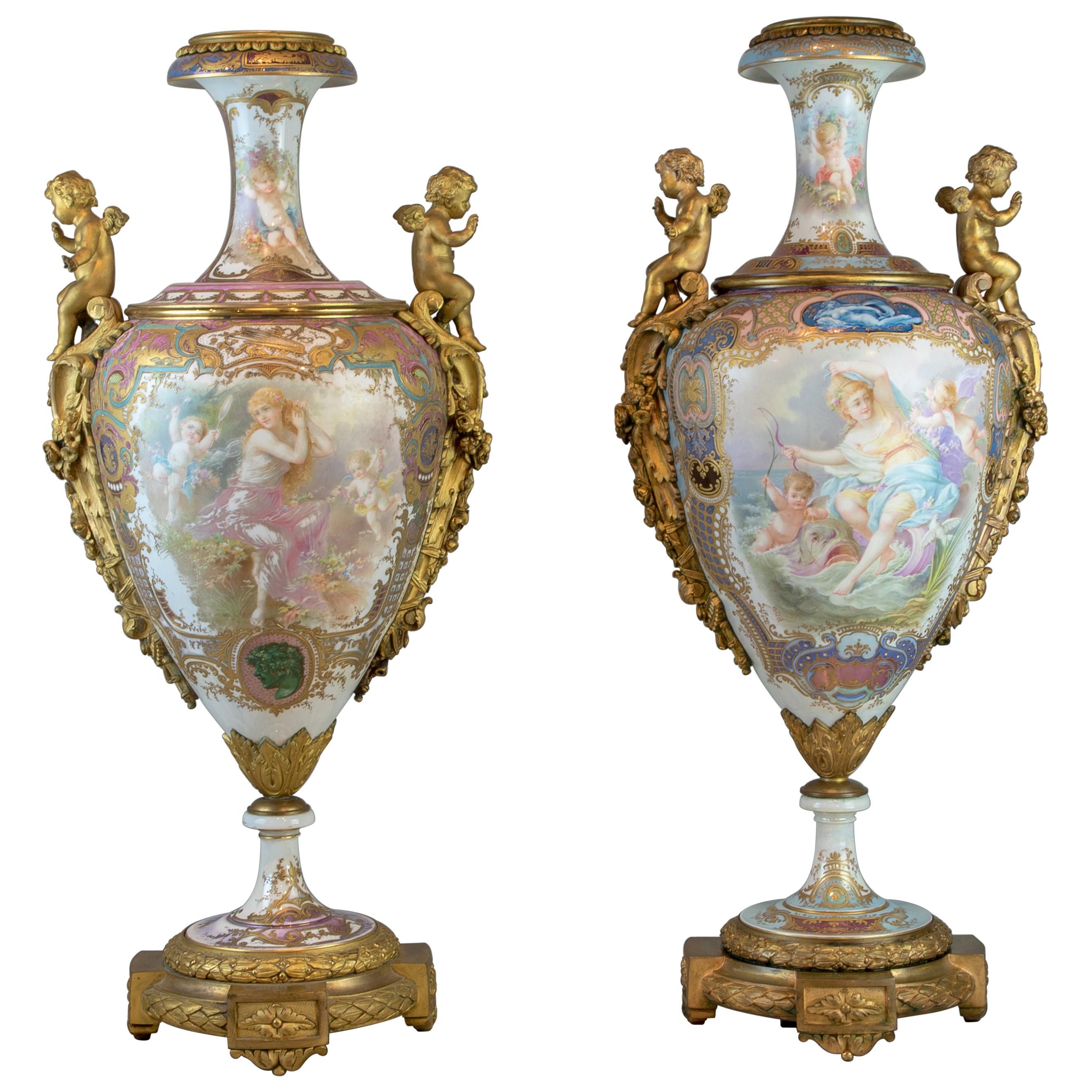Pair of Bronze Mounted Sèvres-Style Polychrome and Gilt Porcelain Vase For Sale