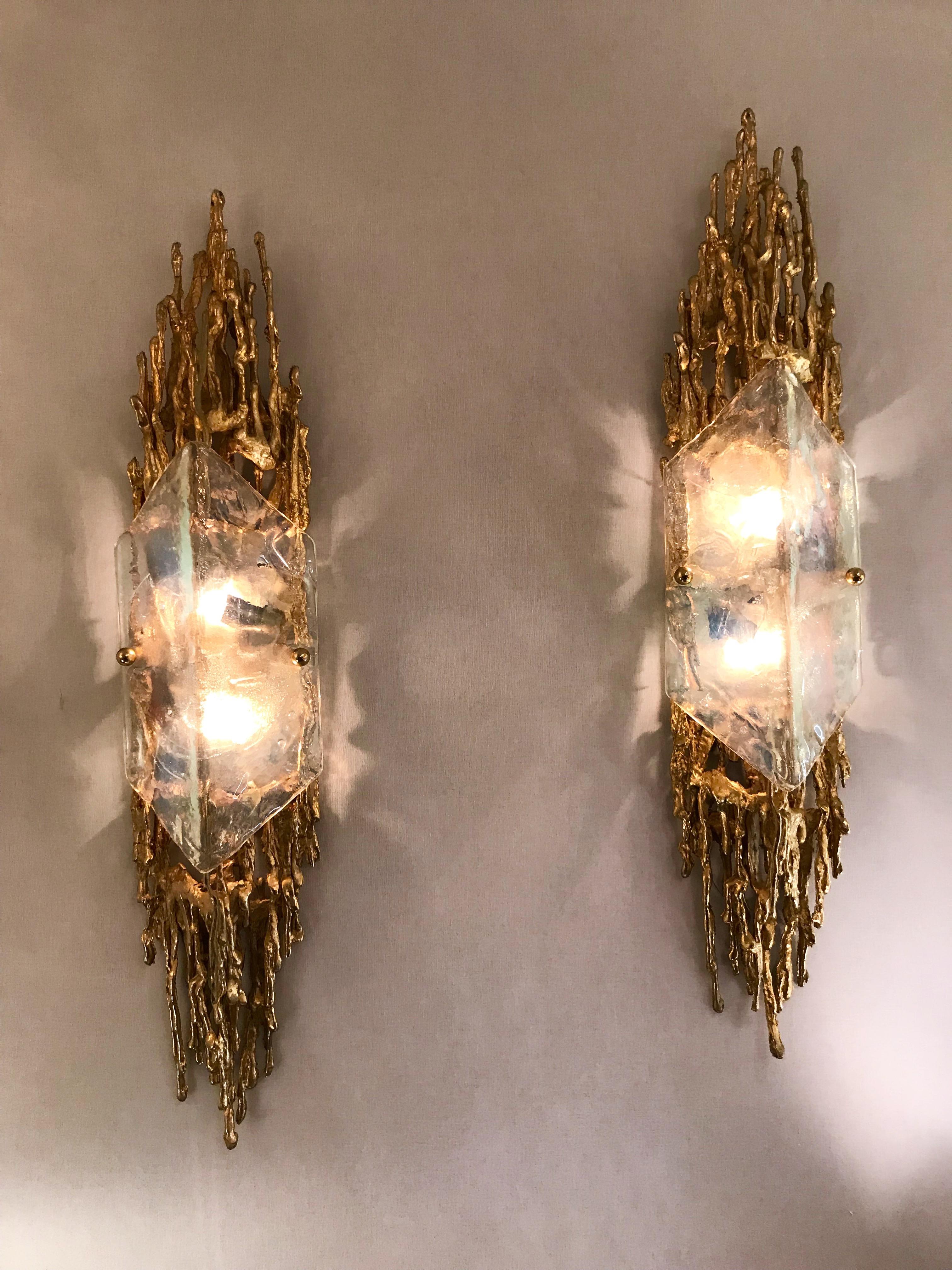 Pair of Bronze Murano Glass Sconces by Claude Victor Boeltz, France, 1970s In Excellent Condition In SAINT-OUEN, FR