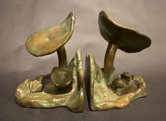Pair of Bronze Mushroom and Frog Motif Bookends by McClelland Barclay