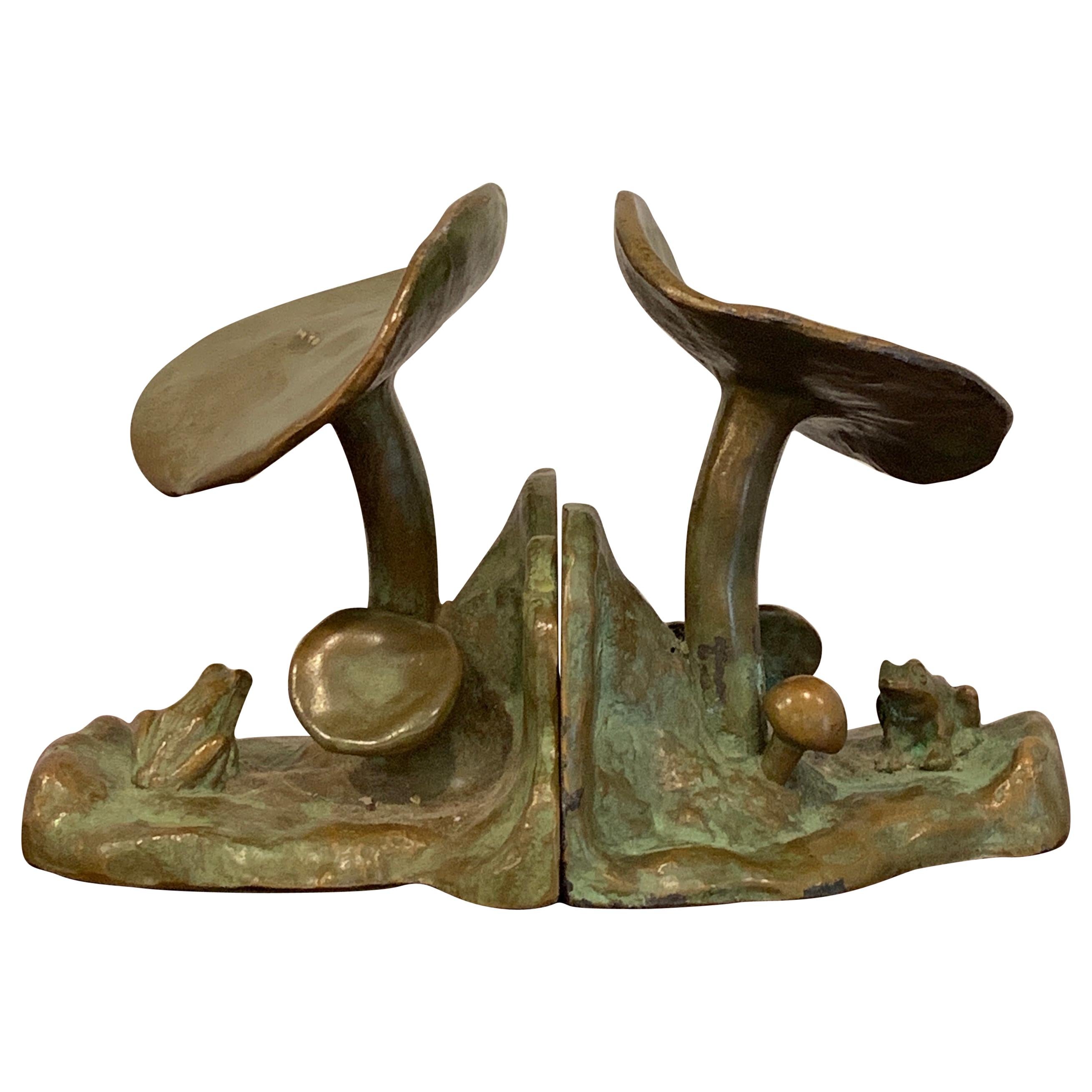 Pair of Bronze Mushroom and Frog Motif Bookends by McClelland Barclay