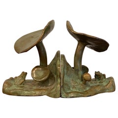 Pair of Bronze Mushroom and Frog Motif Bookends by McClelland Barclay