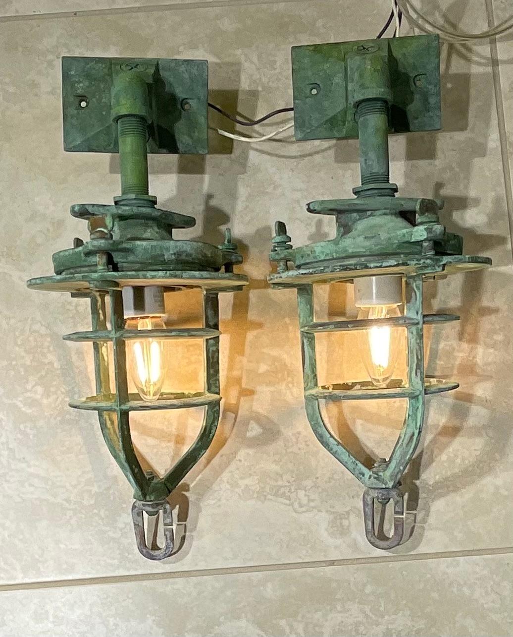 Hand-Crafted Pair Of Bronze Nautical Marine wall sconces, or Convoy Lights For Sale