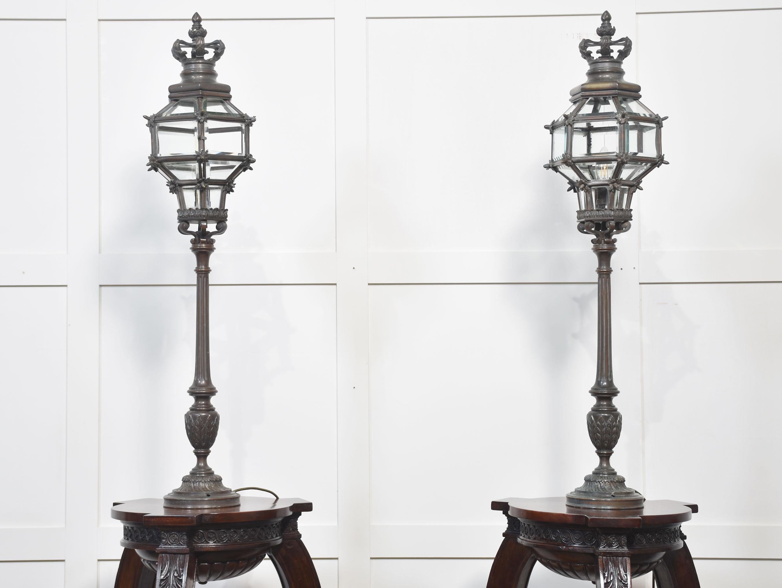 British Pair of bronze newel post lamps For Sale