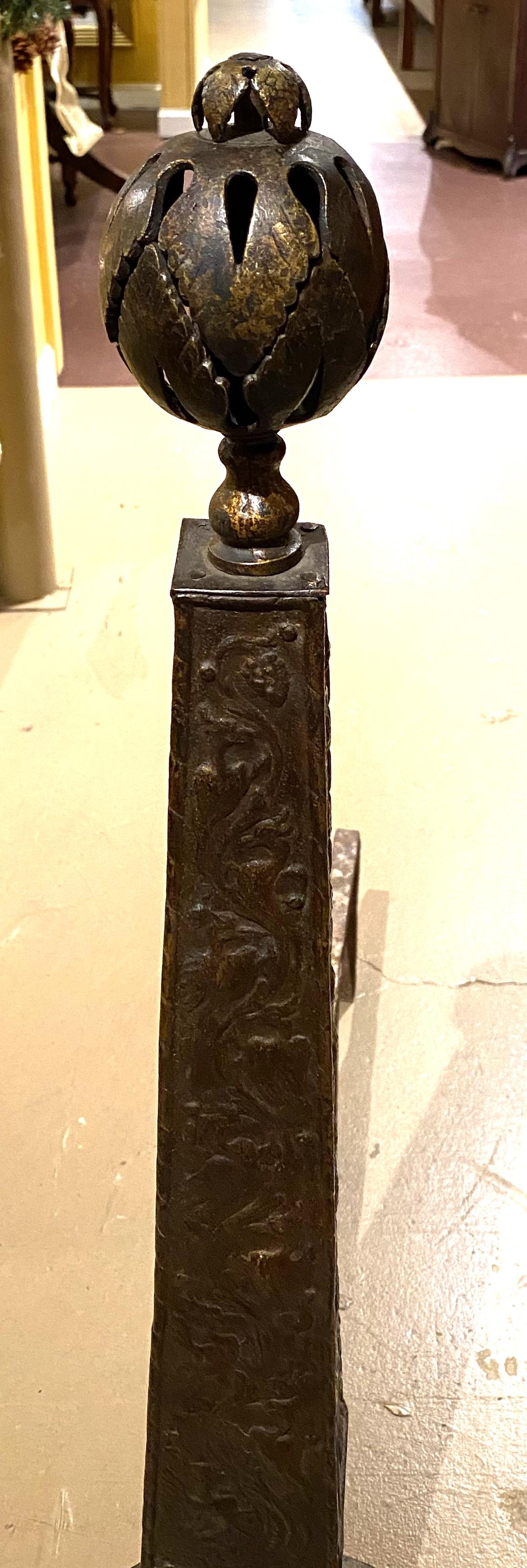 Arts and Crafts Pair of Bronze Obelisk Form Arts & Crafts Andirons For Sale