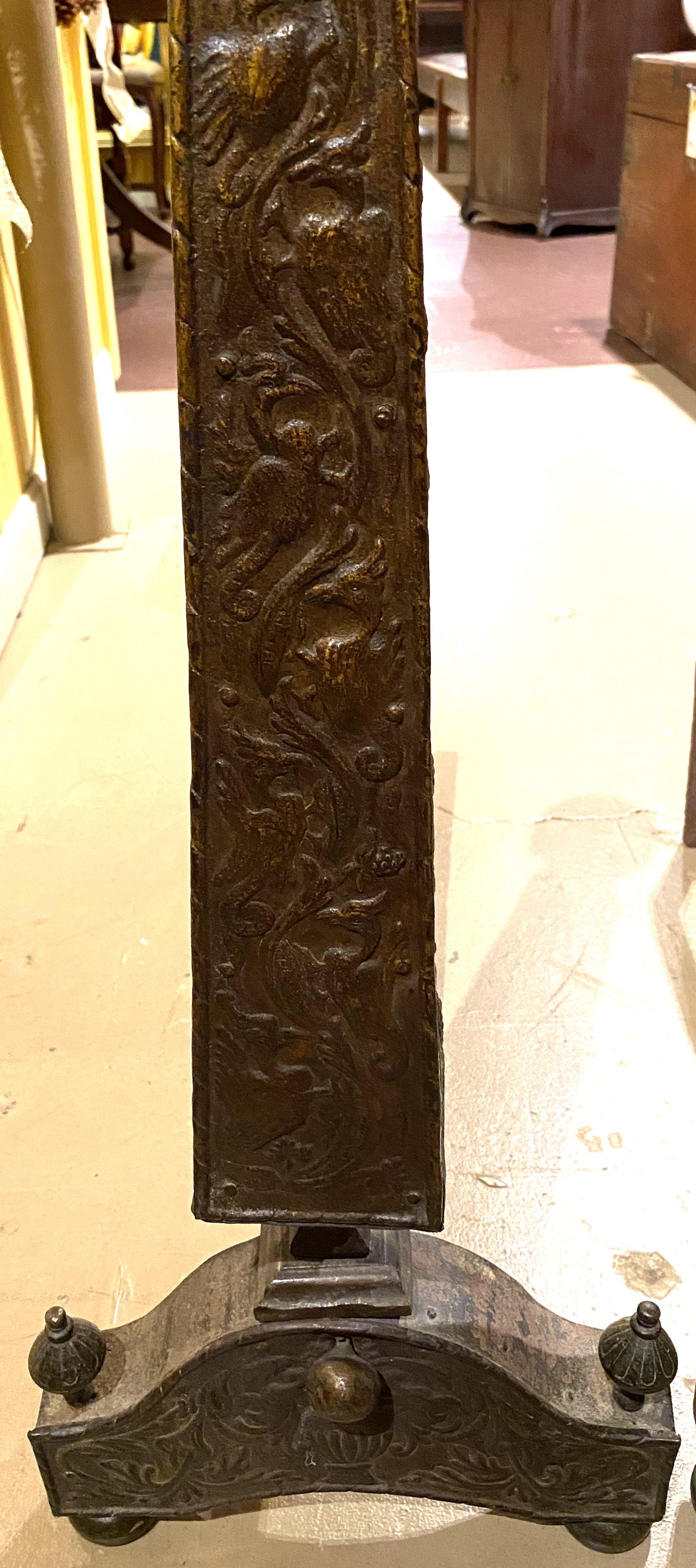 American Pair of Bronze Obelisk Form Arts & Crafts Andirons For Sale