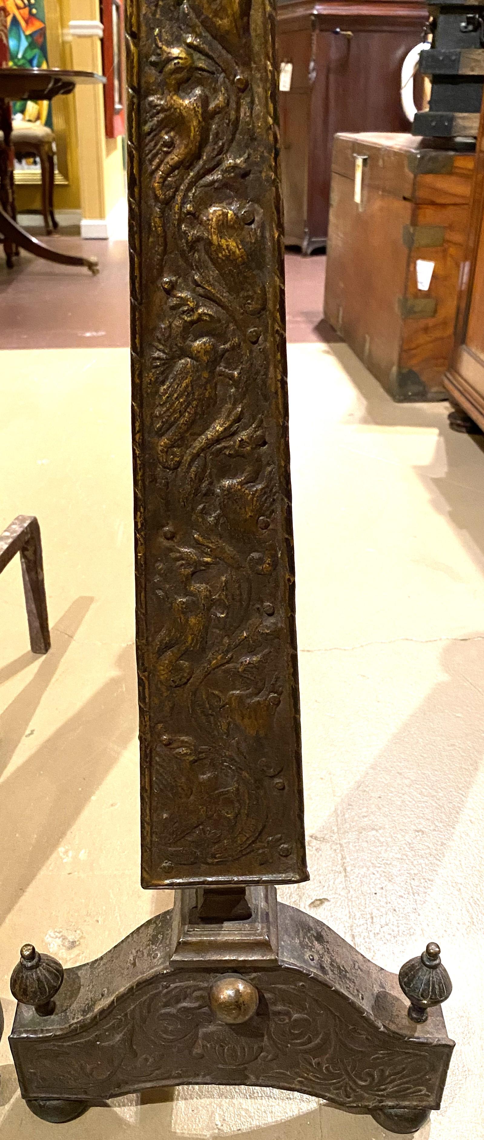 Pair of Bronze Obelisk Form Arts & Crafts Andirons In Good Condition For Sale In Milford, NH