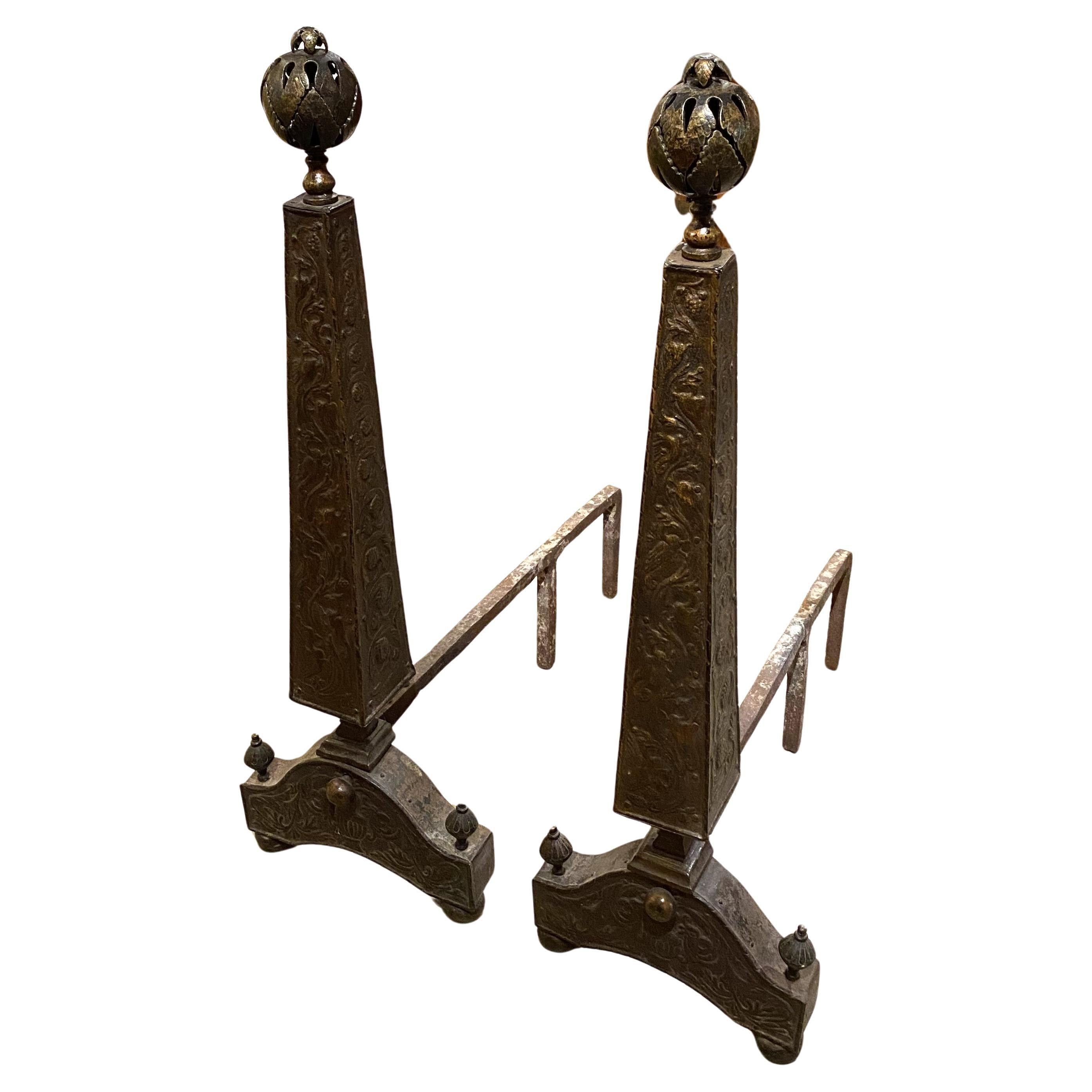 Pair of Bronze Obelisk Form Arts & Crafts Andirons For Sale