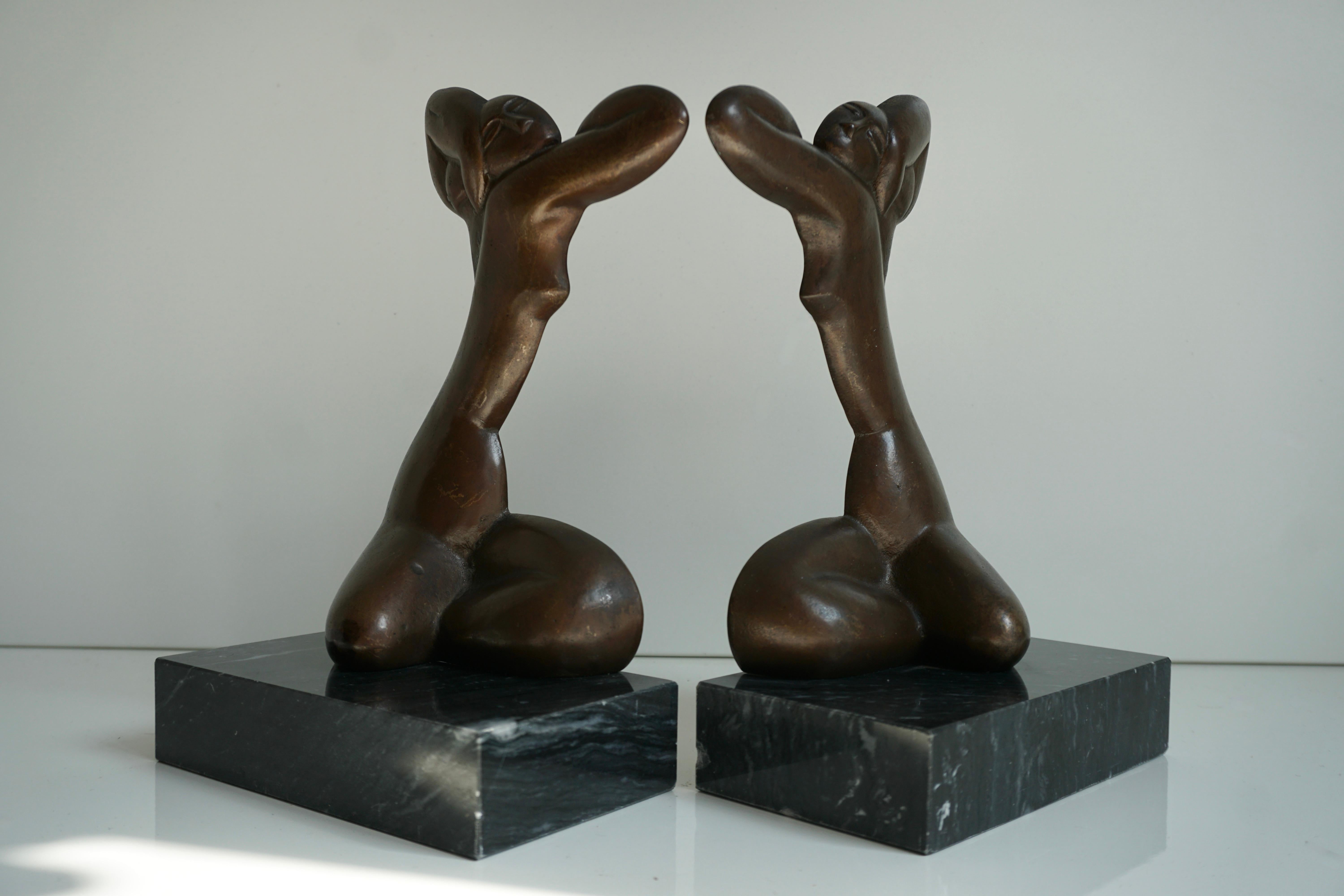 French Pair of Bronze on Marble Female Figure Bookends For Sale