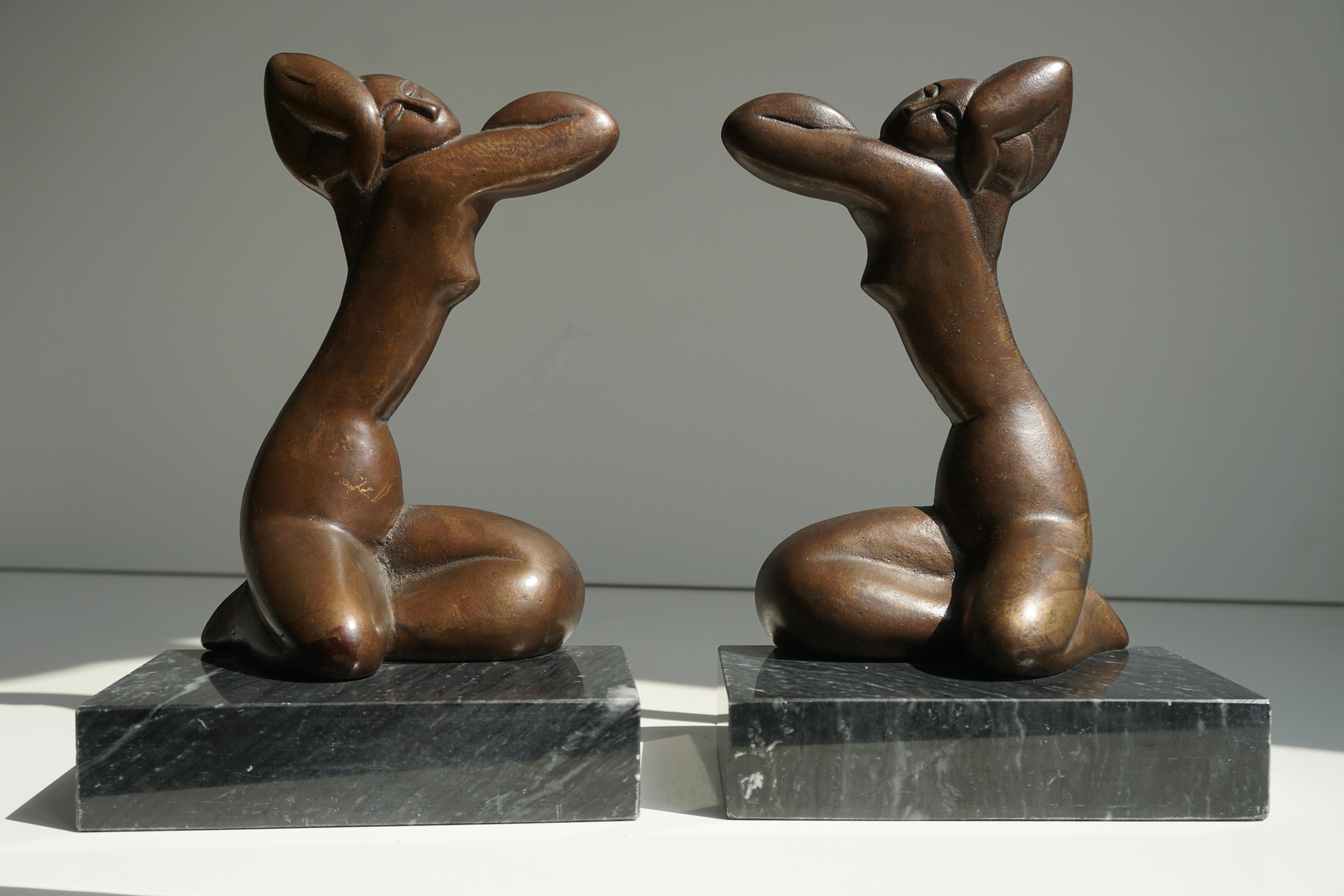 20th Century Pair of Bronze on Marble Female Figure Bookends For Sale
