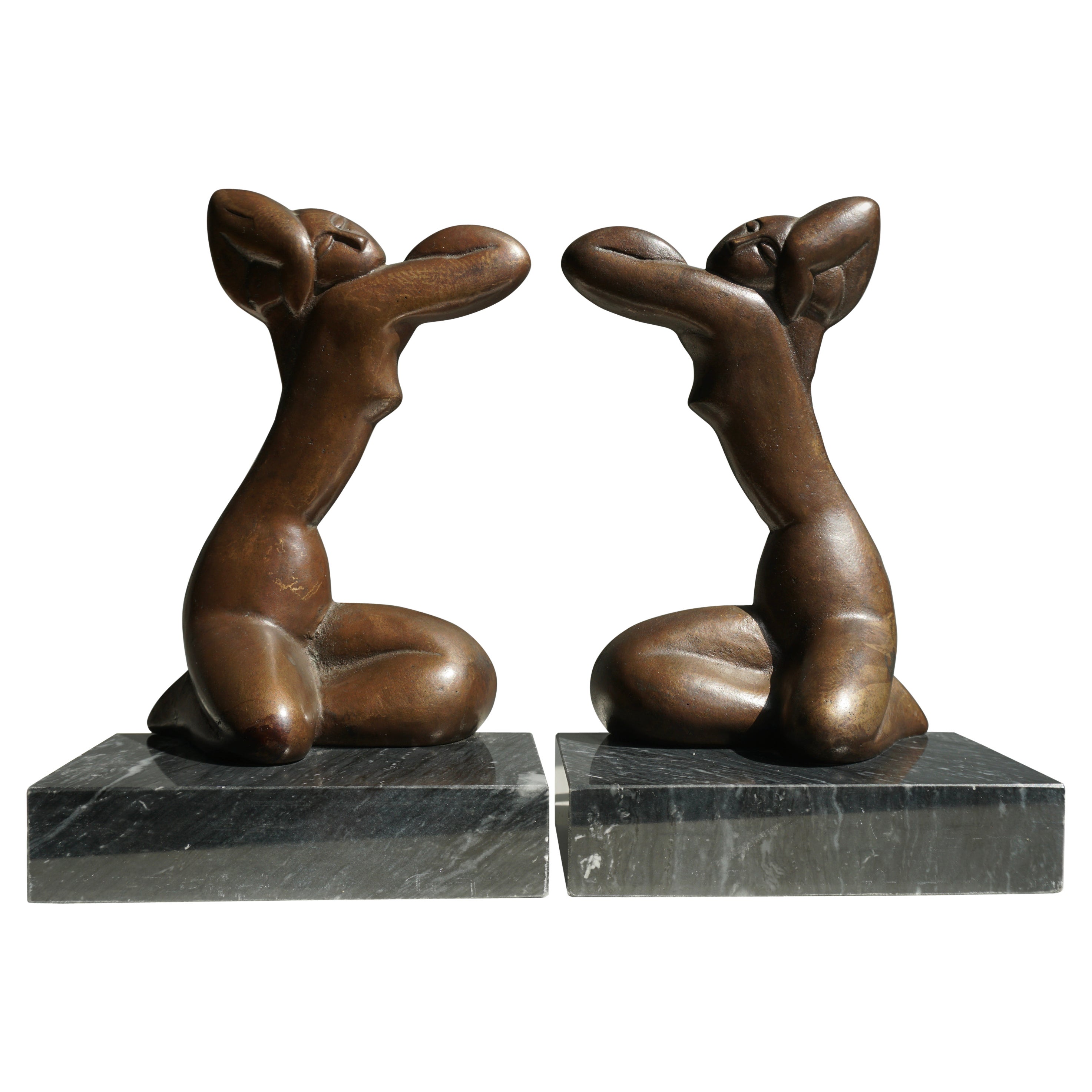 Paar Bronze-Buchstützen mit weiblicher Figur aus Marmor