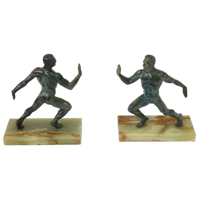 Pair of Bronze on Marble Greek Olympian Male Figure Bookends For Sale
