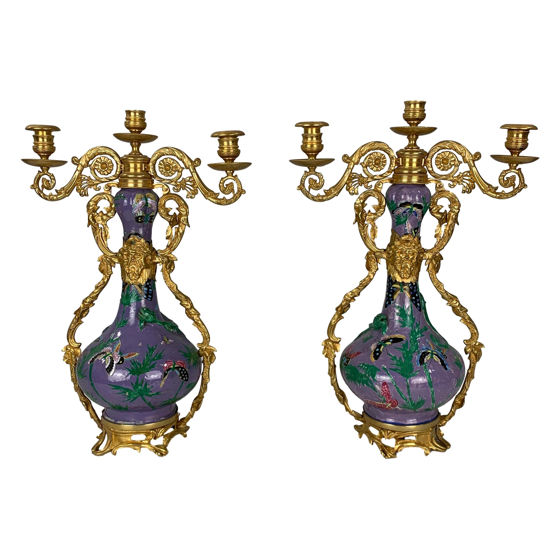 Pair of Bronze Ormolu-Mounted Chinese Export Porcelain Vases, Qing Dynasty