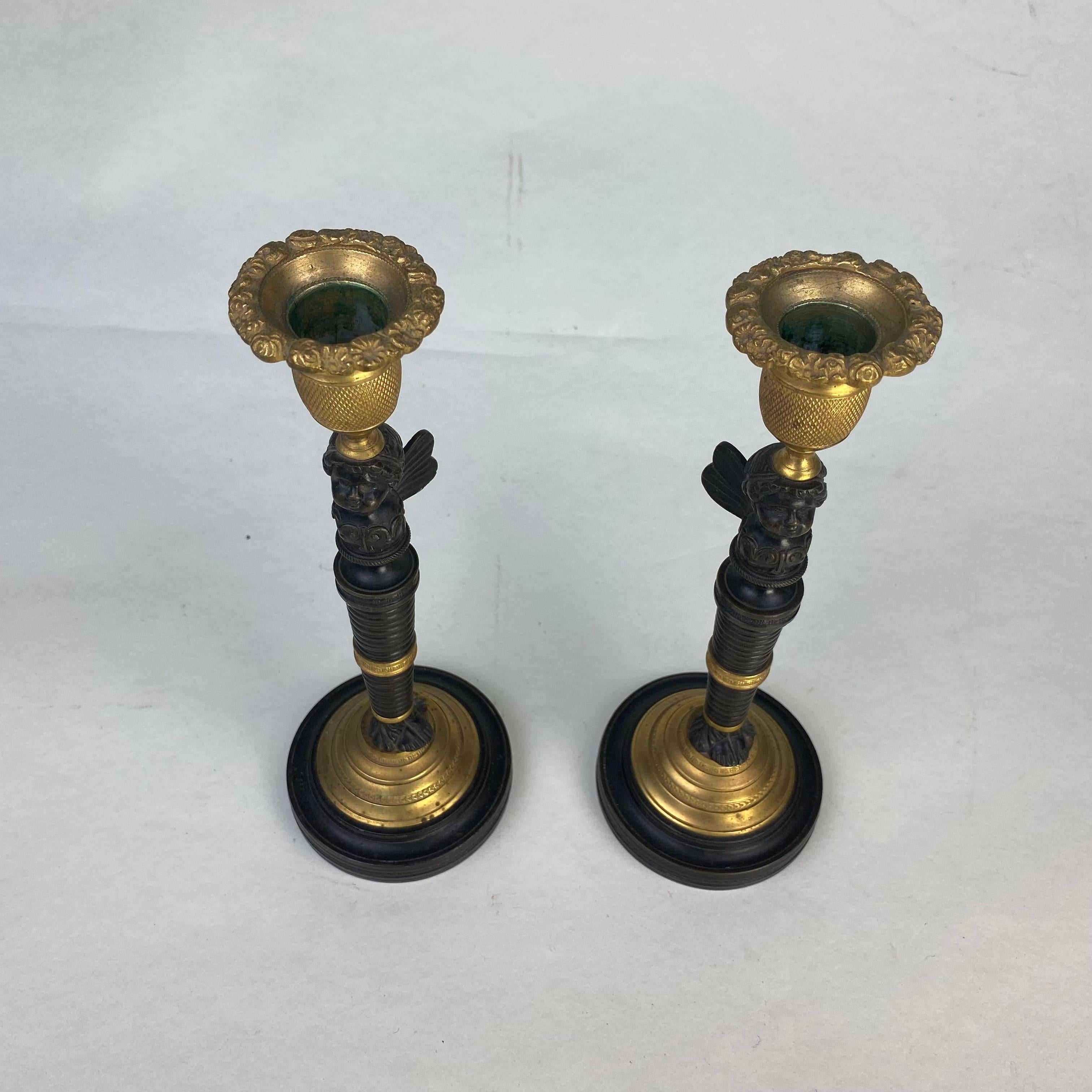 Regency Pair of Bronze & Ormolu Putti Candlesticks For Sale