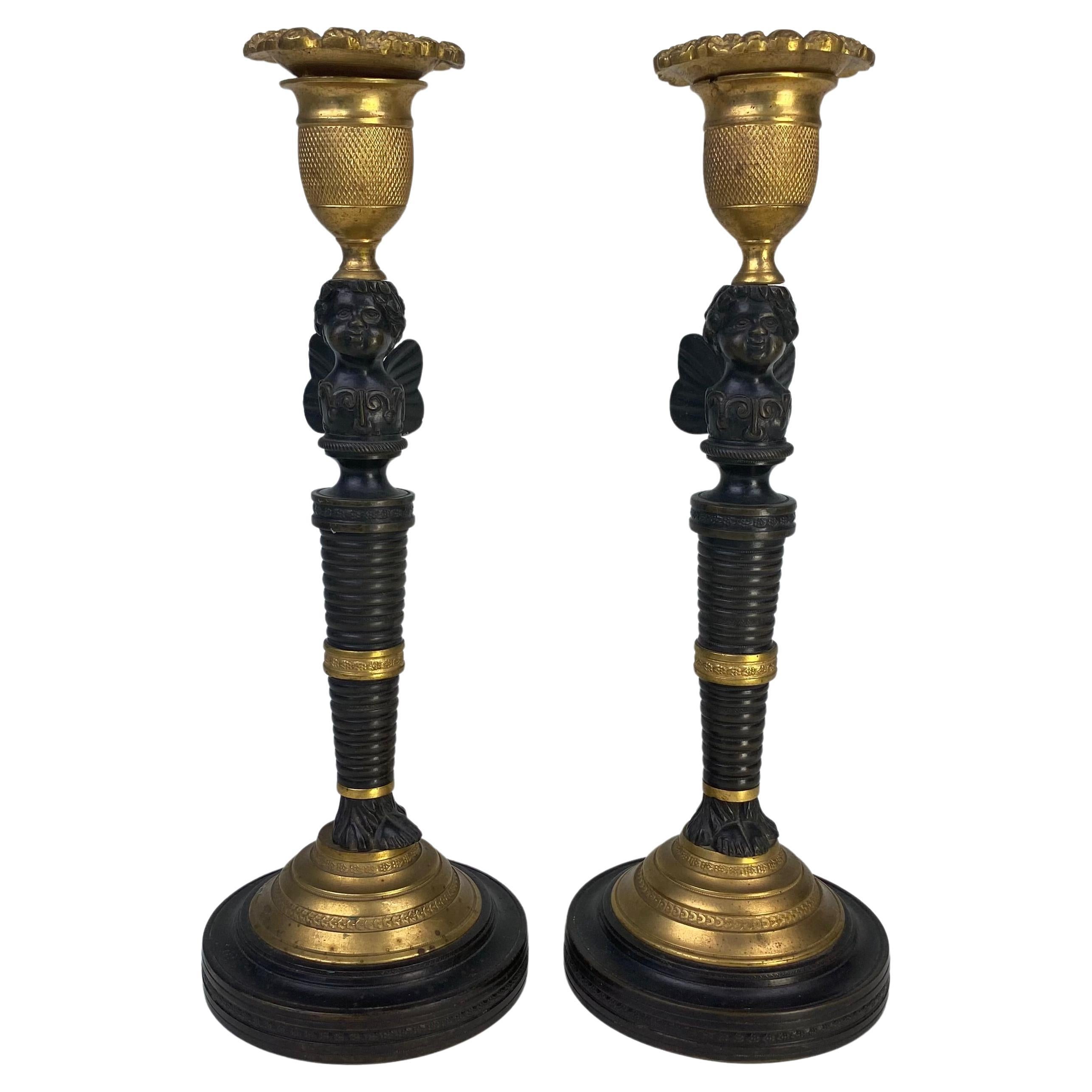 Pair of Bronze & Ormolu Putti Candlesticks For Sale