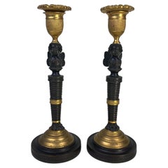 Antique Pair of Bronze & Ormolu Putti Candlesticks