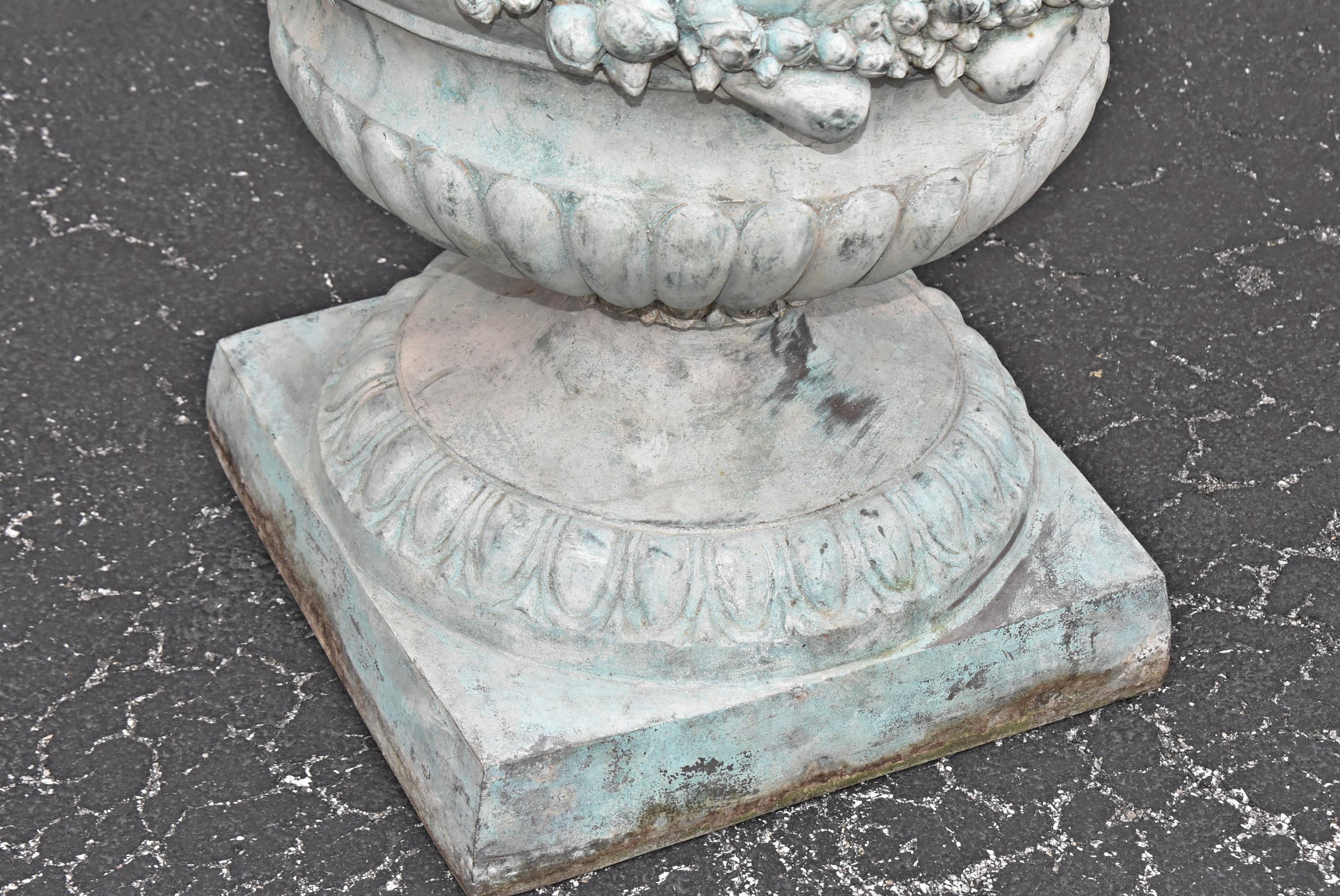 20th Century Pair of Bronze Outdoor Urns with Winged Cherubs